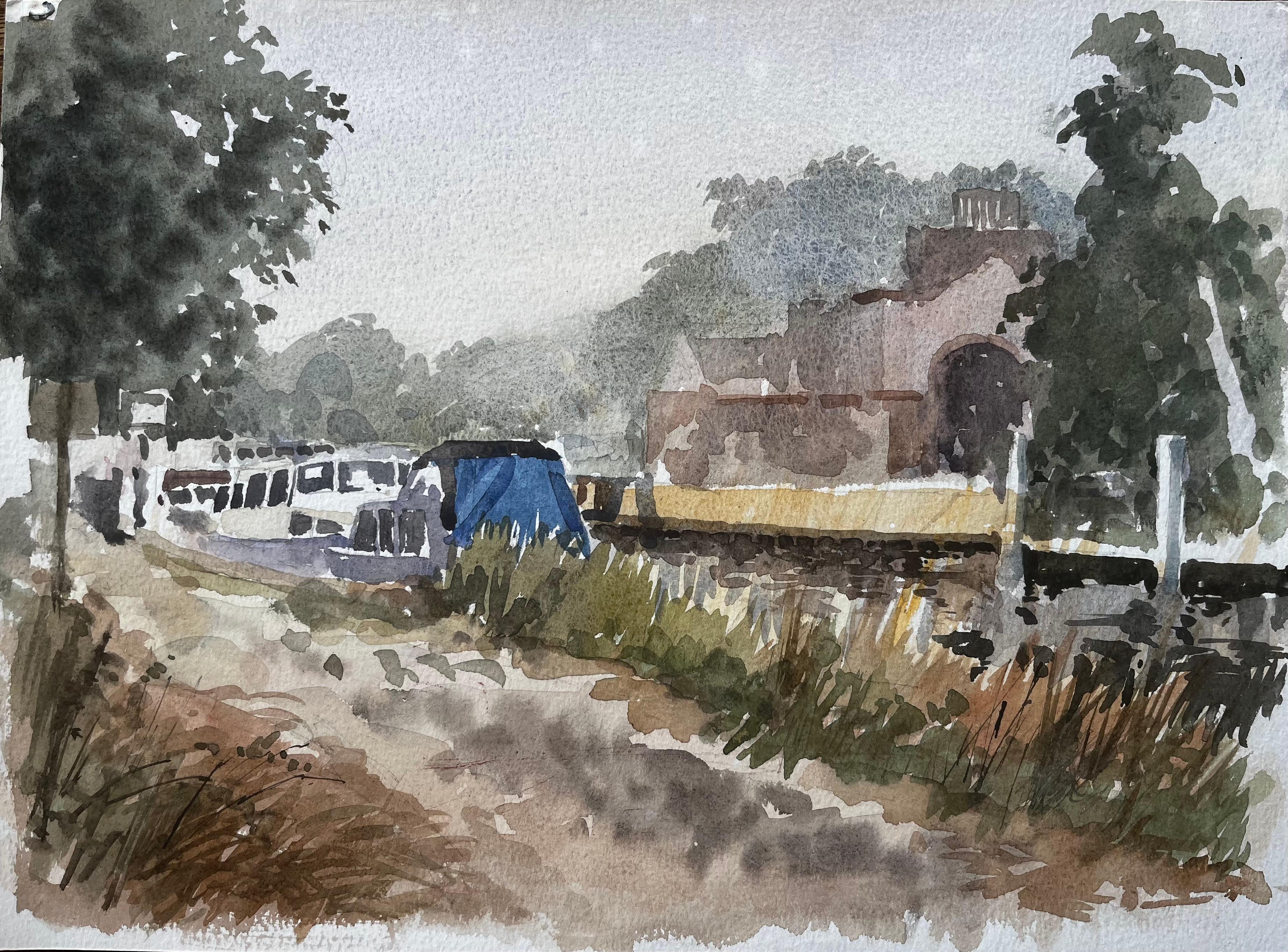 Anthony Herbert Landscape Art – Kanalboote bei der Boveney-Schleuse Windsor im Sommerlicht Aquarell 1995