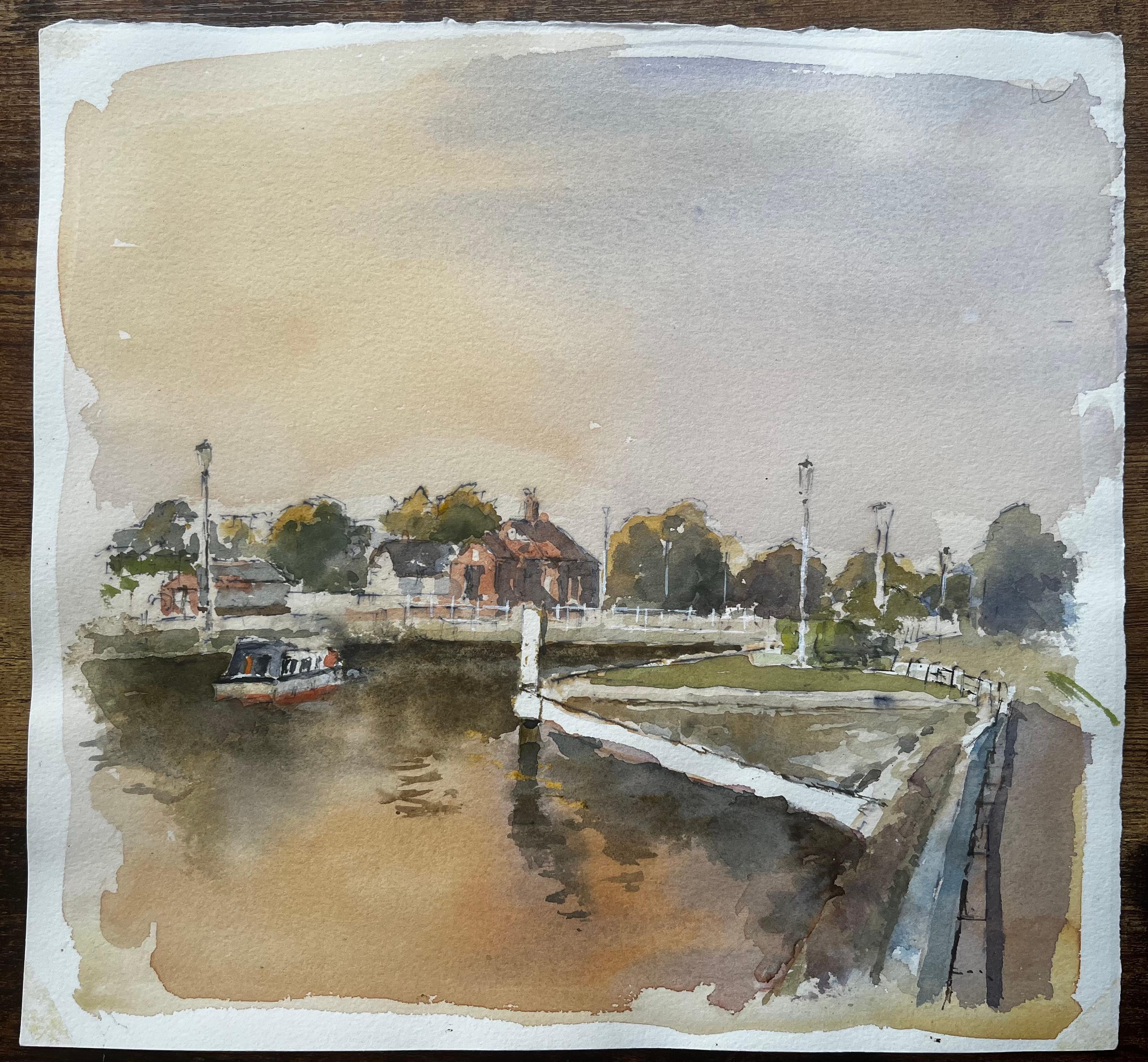 Kanalszene mit Schleuse und Bootshaus Windsor Aquarell mit Herbstlicht – Art von Anthony Herbert