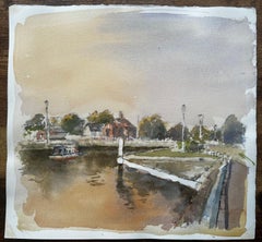 Canal Scene with Lock and Boathouse Windsor Watercolour with Autumn Light