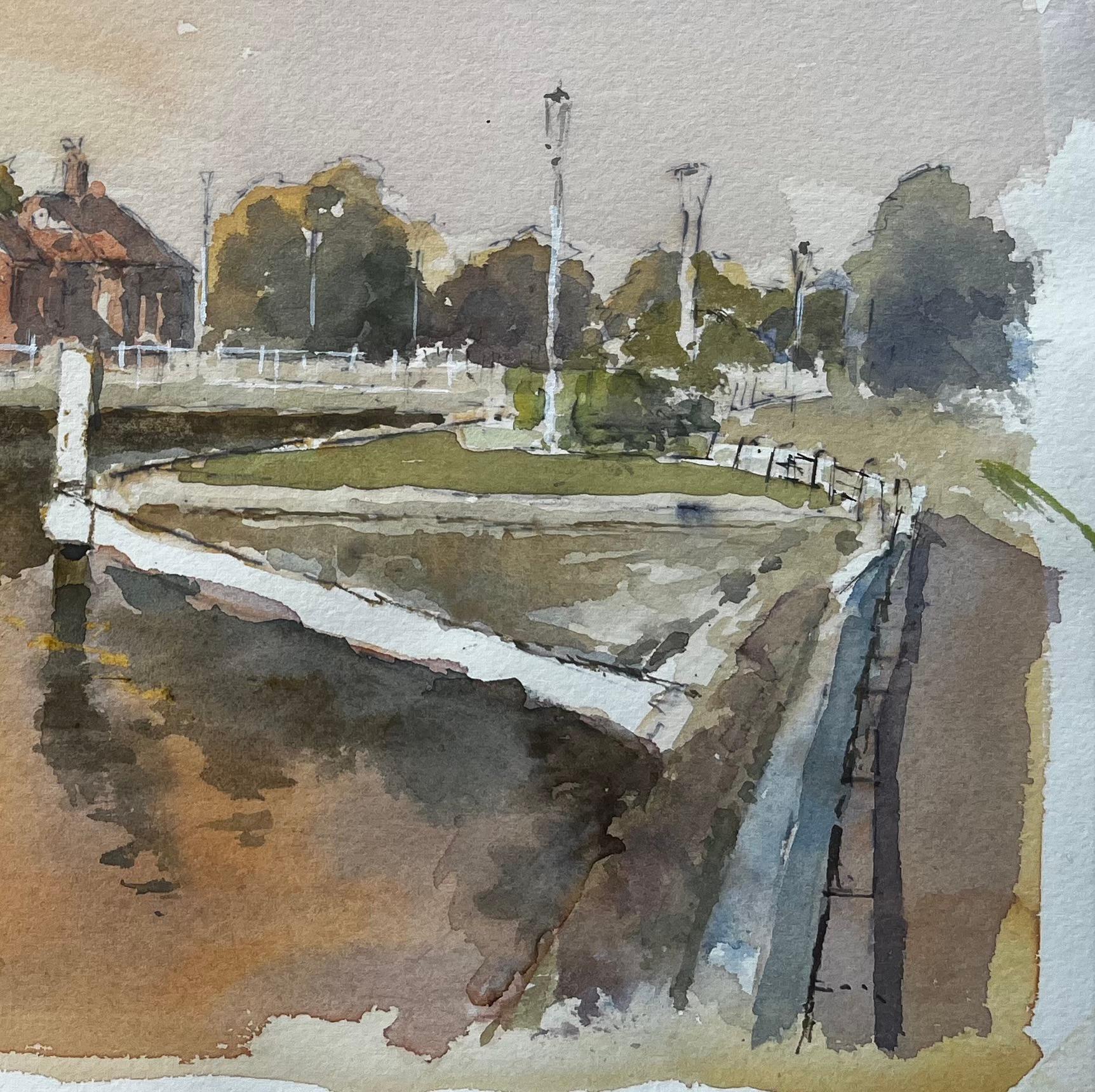 Kanalszene mit Schleuse und Bootshaus Windsor Aquarell mit Herbstlicht (Impressionismus), Art, von Anthony Herbert