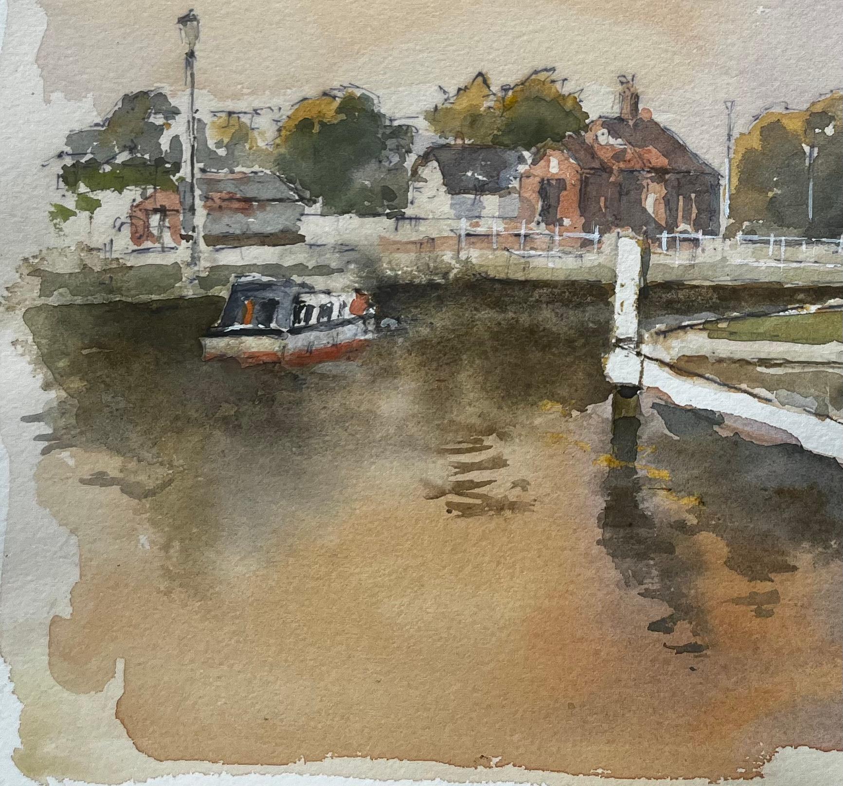 Kanalszene mit Schleuse und Bootshaus Windsor Aquarell mit Herbstlicht (Grau), Landscape Art, von Anthony Herbert
