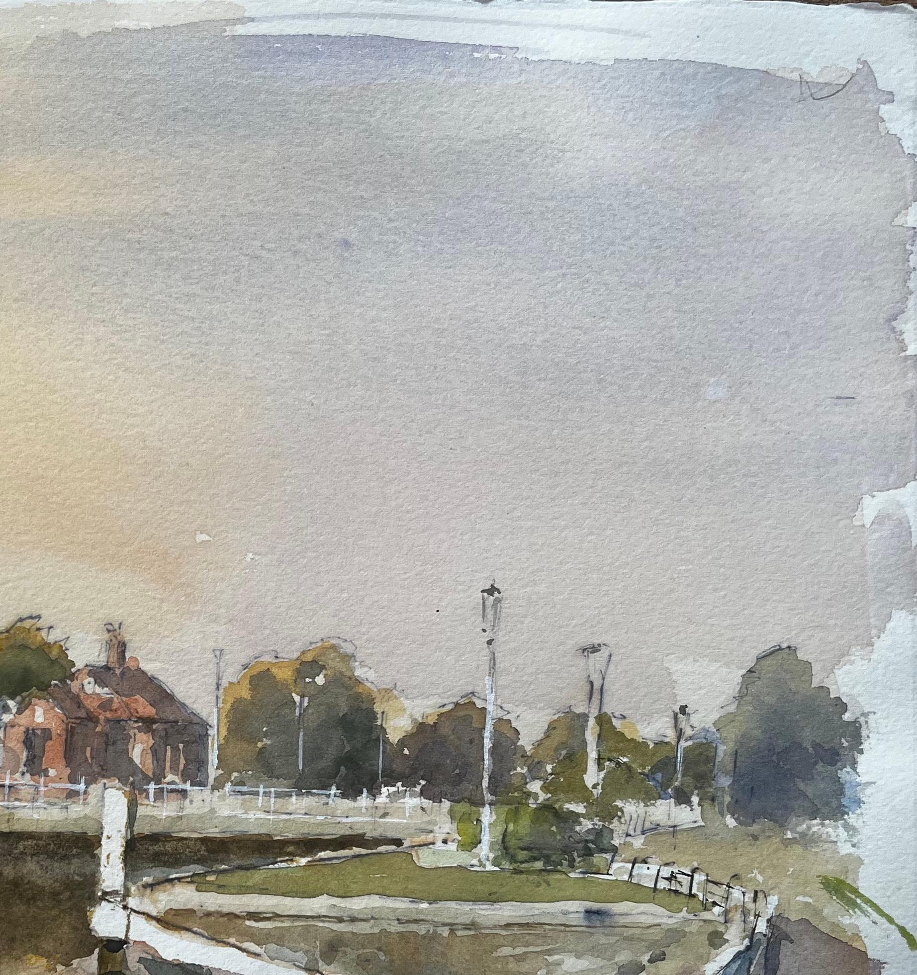 Kanalszene mit Schleuse und Bootshaus Windsor Aquarell mit Herbstlicht im Angebot 1