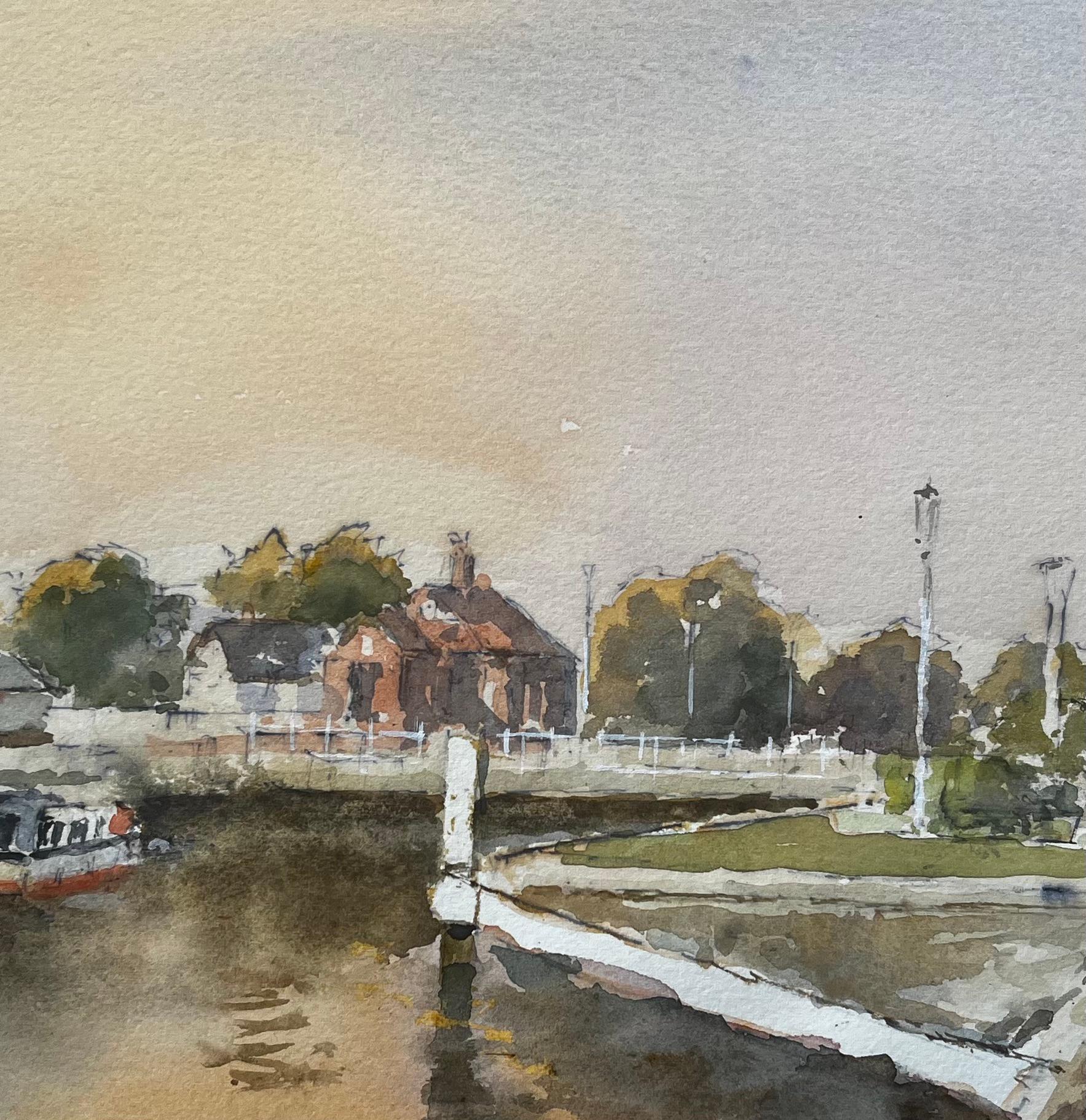 Kanalszene mit Schleuse und Bootshaus Windsor Aquarell mit Herbstlicht im Angebot 2
