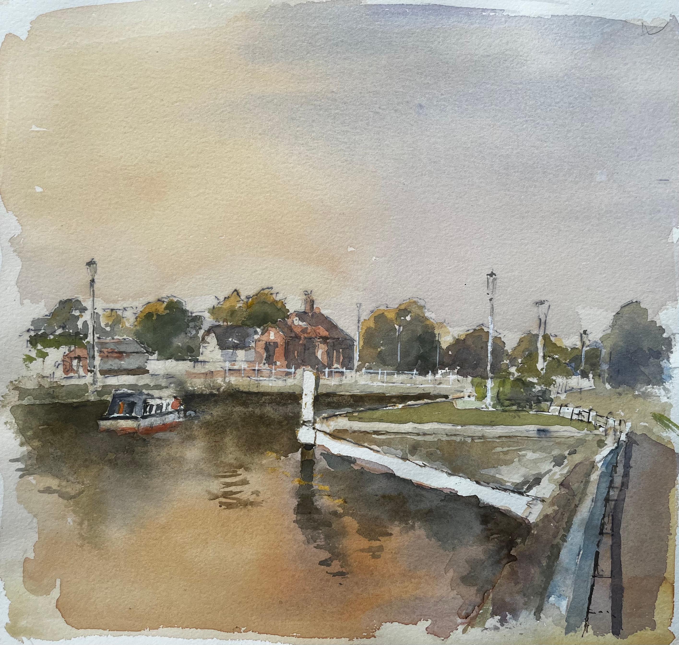 Anthony Herbert Landscape Art – Kanalszene mit Schleuse und Bootshaus Windsor Aquarell mit Herbstlicht