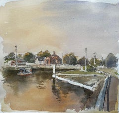 Kanalszene mit Schleuse und Bootshaus Windsor Aquarell mit Herbstlicht