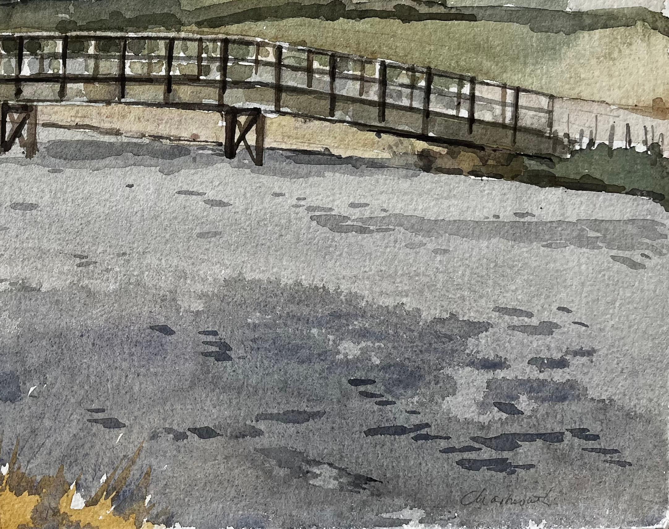 Charmouth Dorset Flussszene mit hölzernem Steg und rollender Hügellandschaft im Angebot 1