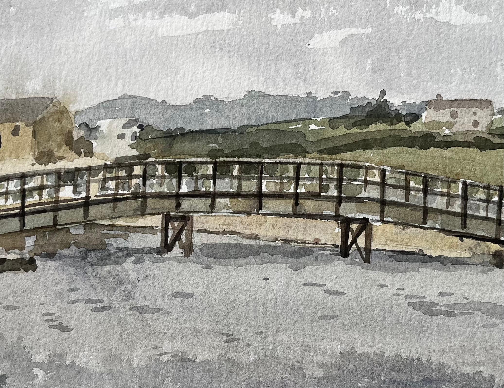 Charmouth Dorset Flussszene mit hölzernem Steg und rollender Hügellandschaft im Angebot 2
