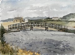 Charmouth Dorset Scène fluviale avec passerelle en bois et paysage de collines