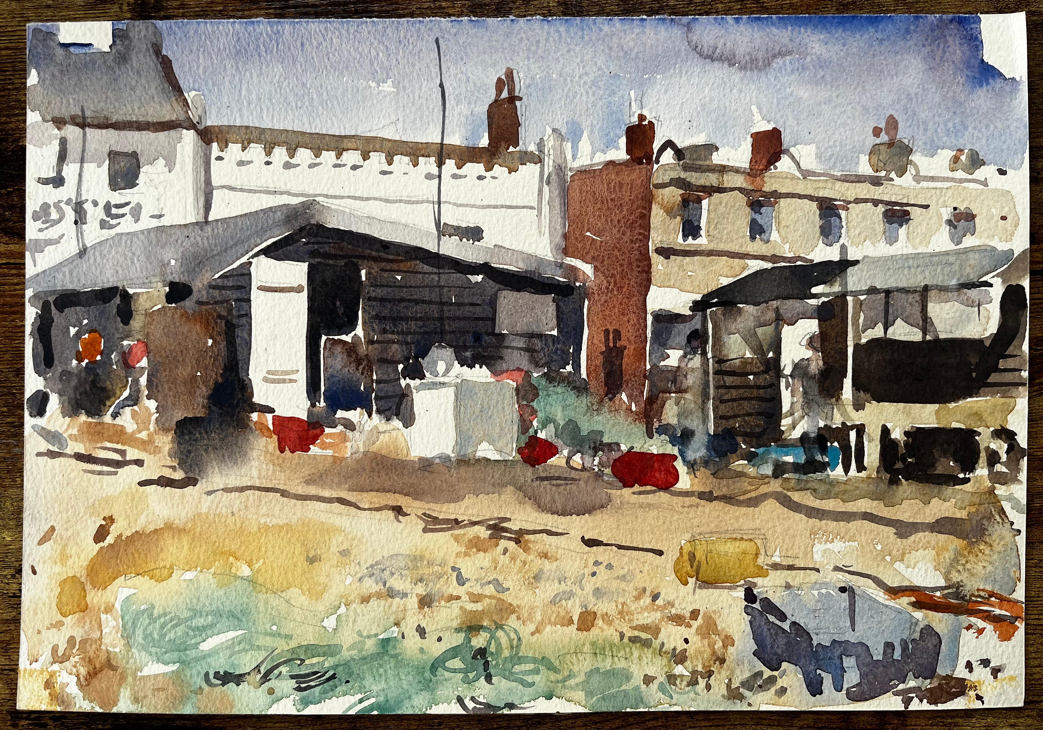 Cabanes de pêche côtières avec filets et débris portuaires Paysage aquarellé - Art de Anthony Herbert