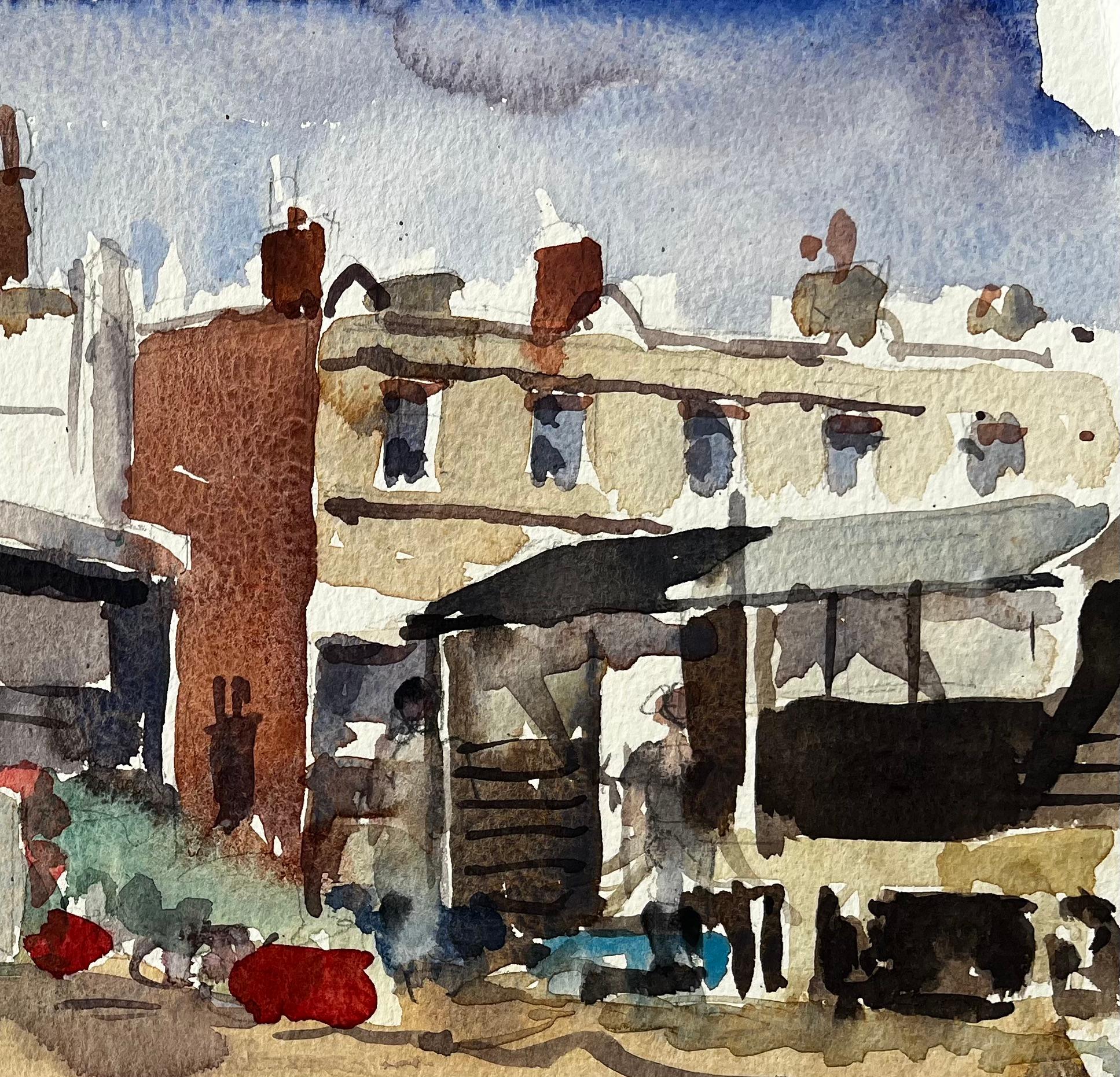 Cabanes de pêche côtières avec filets et débris portuaires Paysage aquarellé - Impressionnisme Art par Anthony Herbert