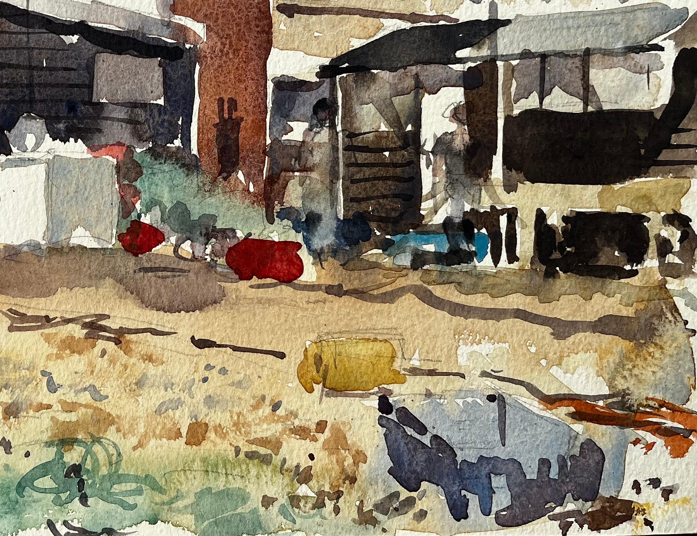 Titre : Paysage aquarelle de cabanes de pêche côtières avec filets et débris portuaires
Par Tony Herbert (1927-2024)
Moyen d'expression : Aquarelle sur papier d'artiste
Taille : 9.5 x 13.75 pouces 
Condit : Bon dans l'ensemble ; légère usure des