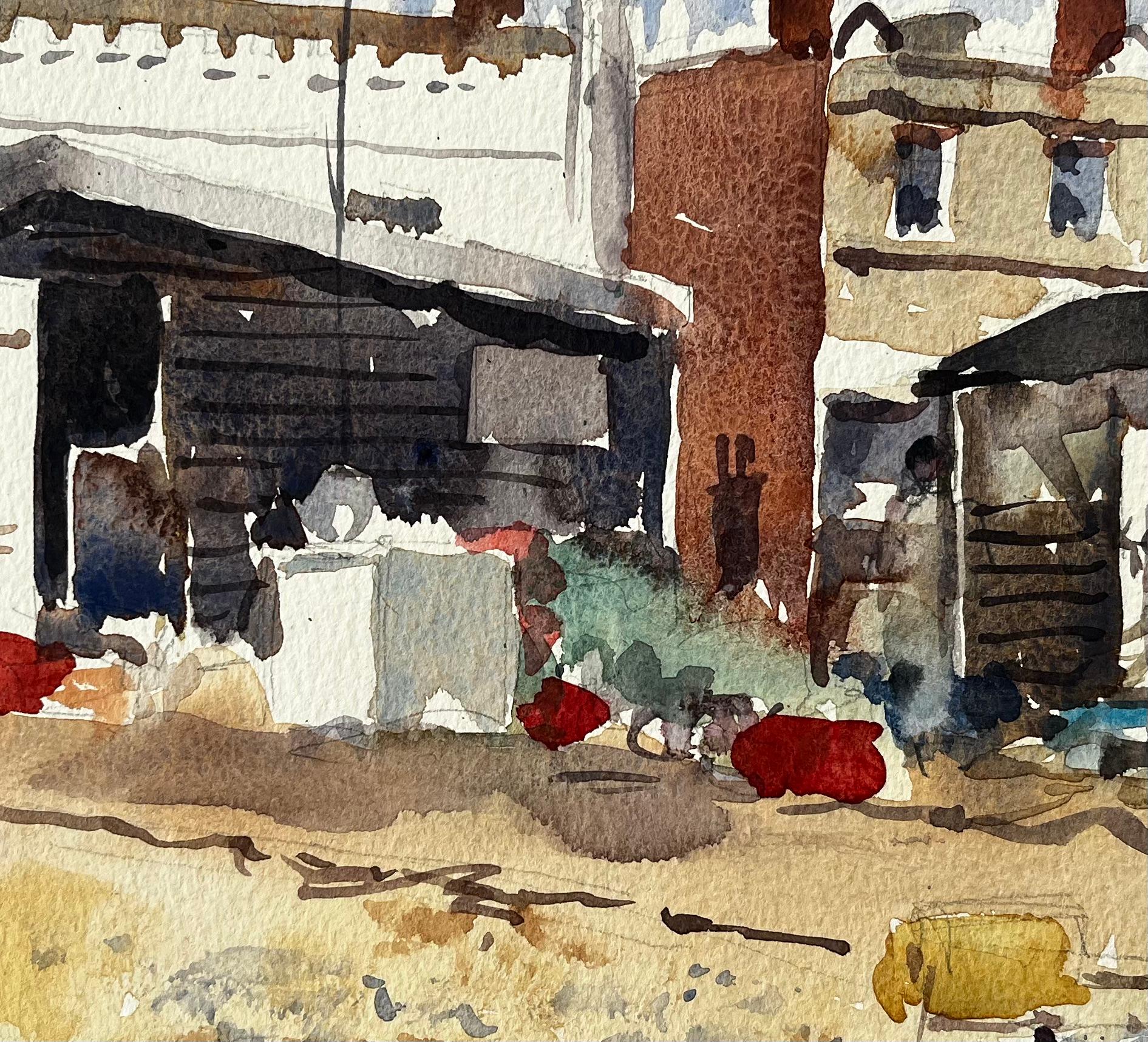 Cabanes de pêche côtières avec filets et débris portuaires Paysage aquarellé en vente 2