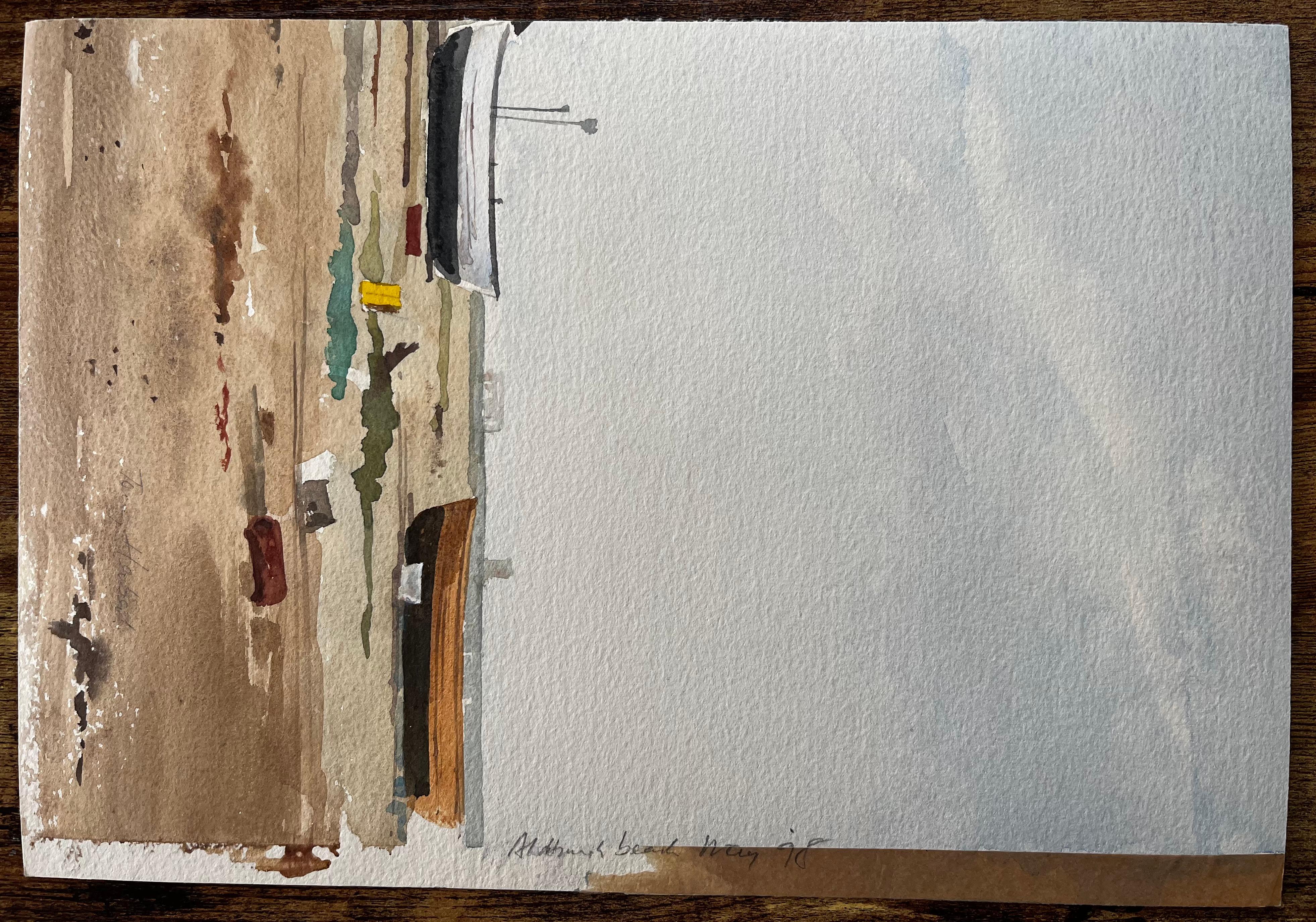 Cabanes de pêche côtières avec filets et débris portuaires Paysage aquarellé en vente 3