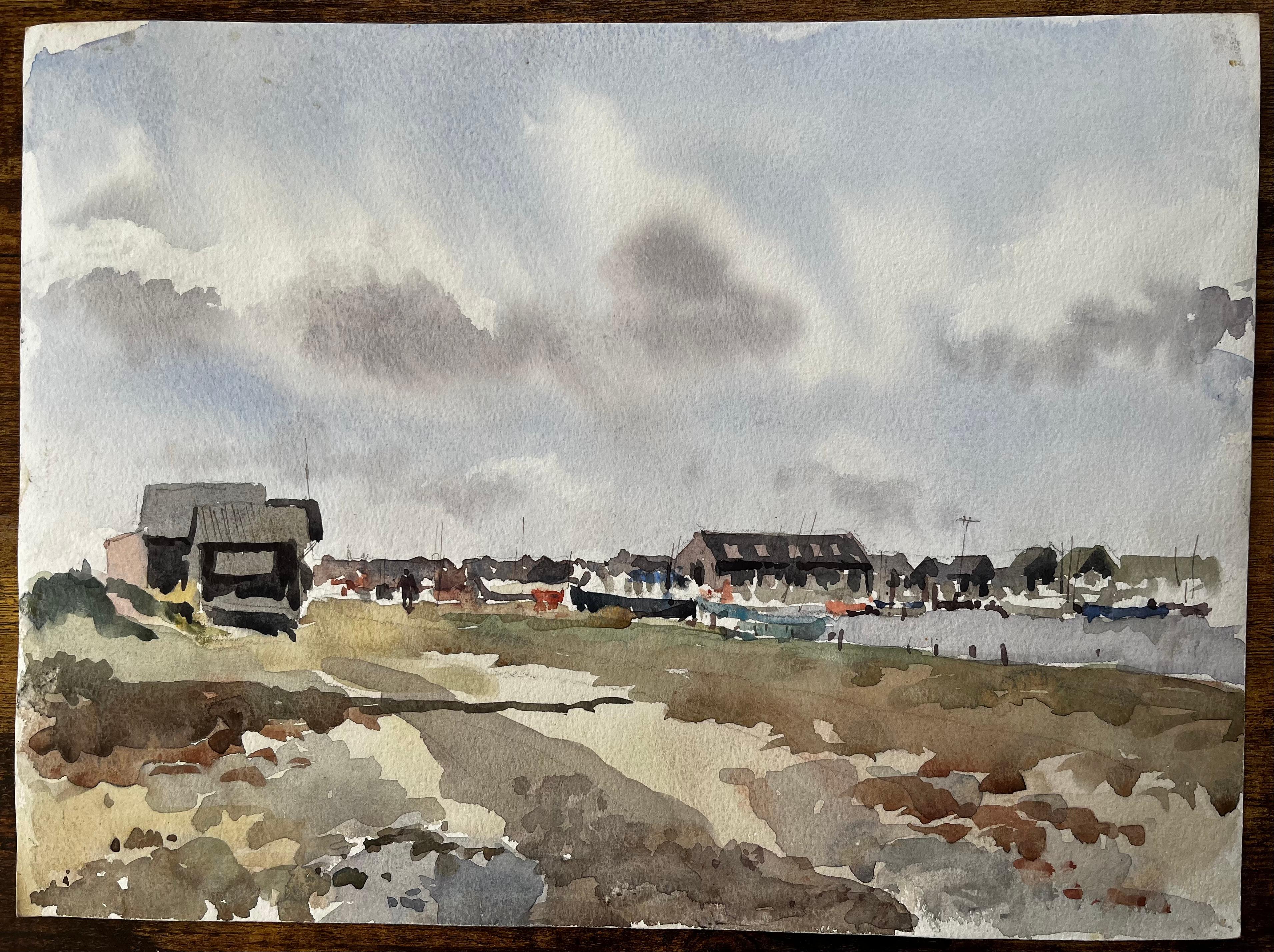 Vue du port côtier avec hangars à bateaux et Marina Paysage aquarelle britannique - Painting de Anthony Herbert