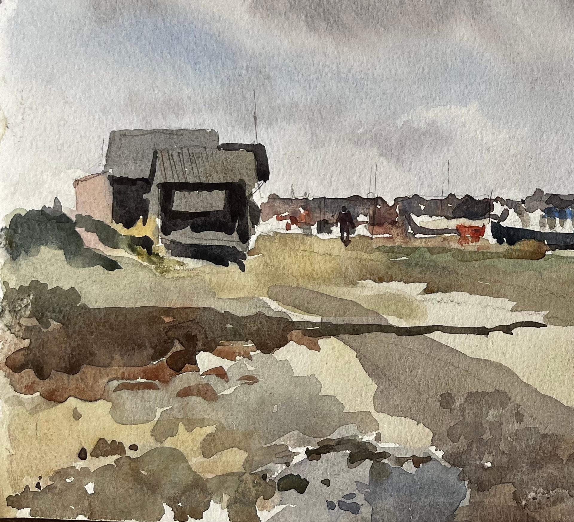 Vue du port côtier avec hangars à bateaux et Marina Paysage aquarelle britannique - Impressionnisme Painting par Anthony Herbert