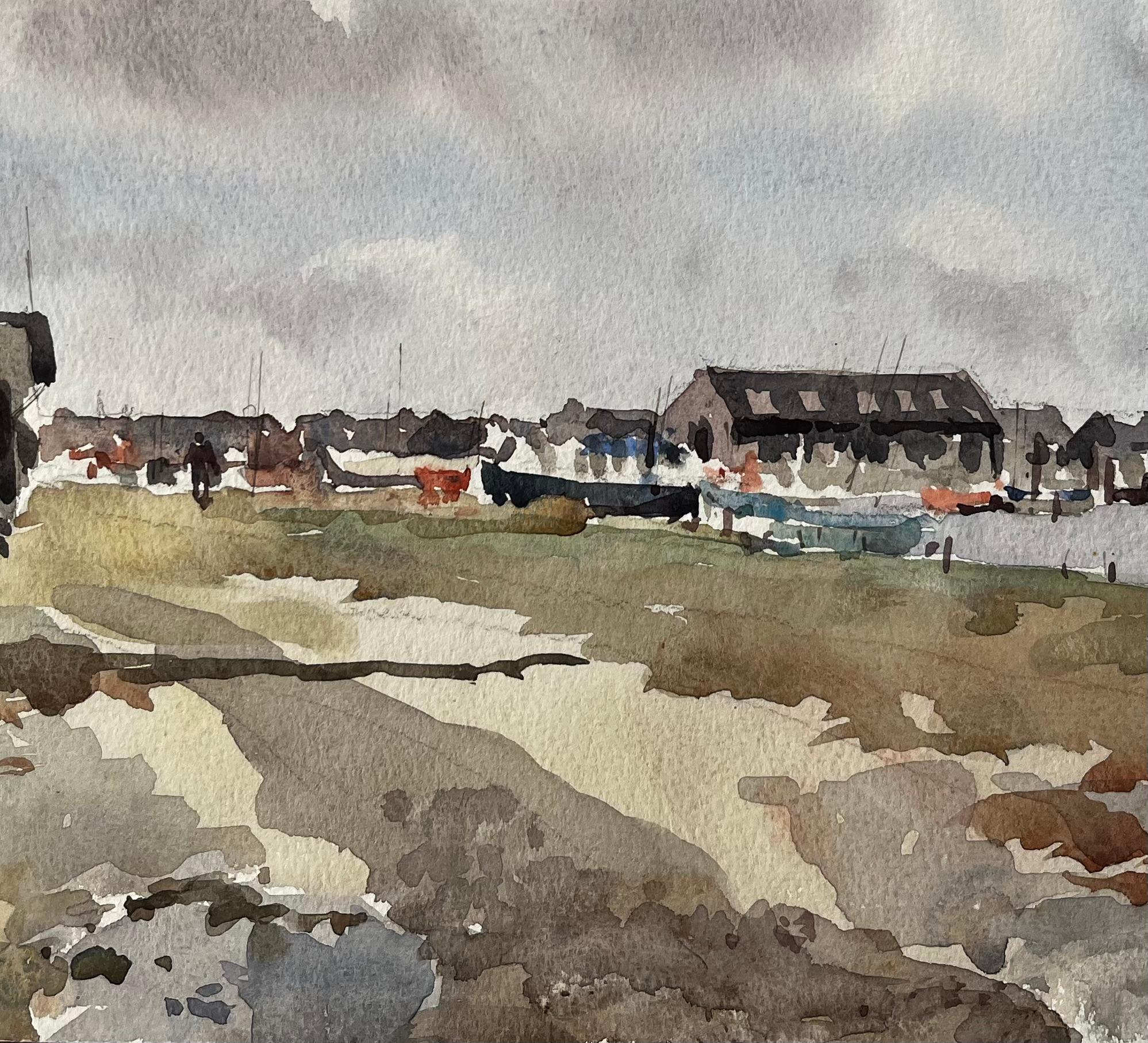 Vue du port côtier avec hangars à bateaux et Marina Paysage aquarelle britannique - Gris Landscape Painting par Anthony Herbert