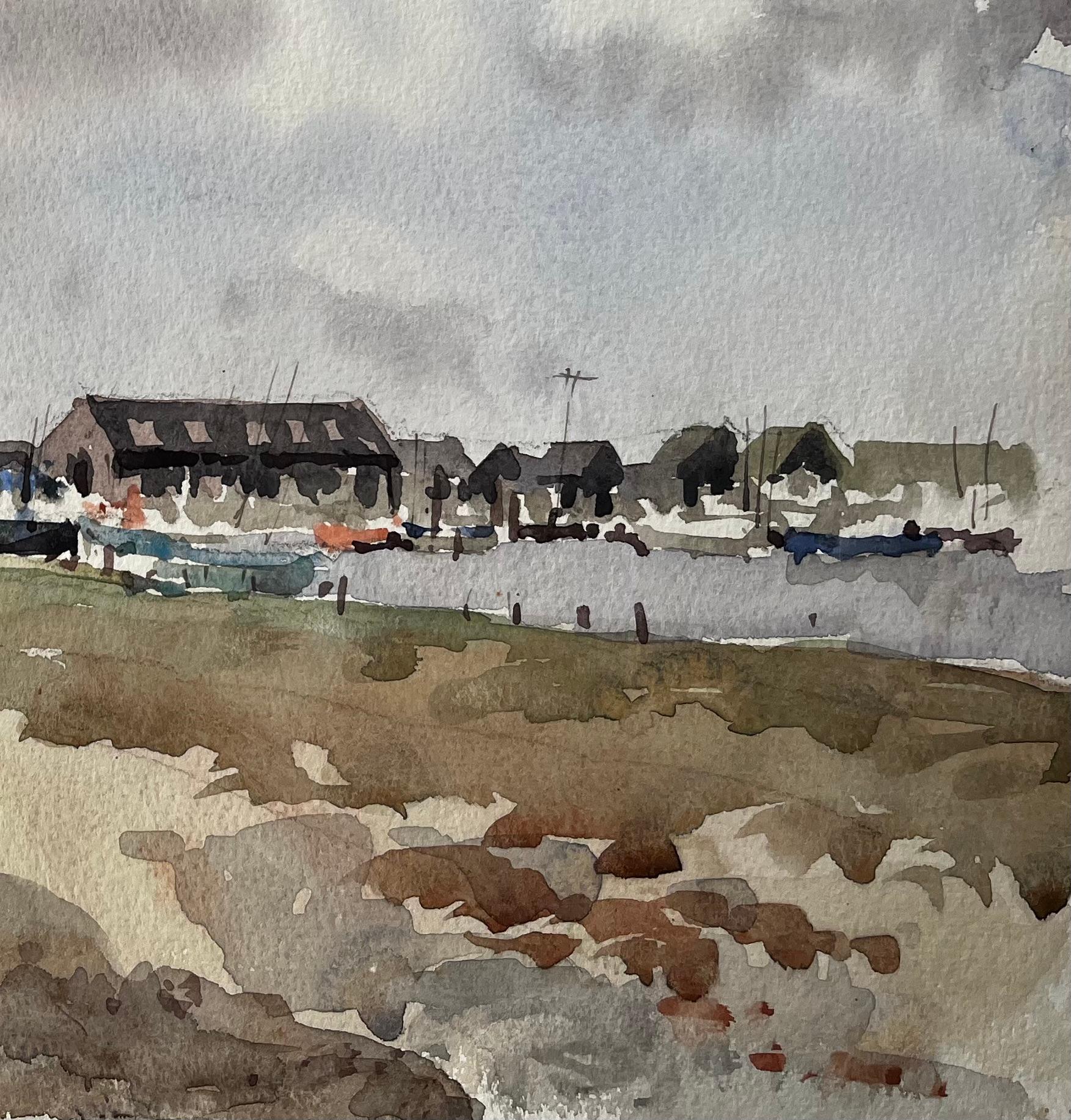 Titre : Vue du port côtier avec hangars à bateaux et Marina Paysage aquarelle britannique
Par Tony Herbert (1927-2024)
Moyen d'expression : Aquarelle sur papier d'artiste
Taille : 11 x 14.75 pouces
Condit : Très bon ; légère usure des coins et des