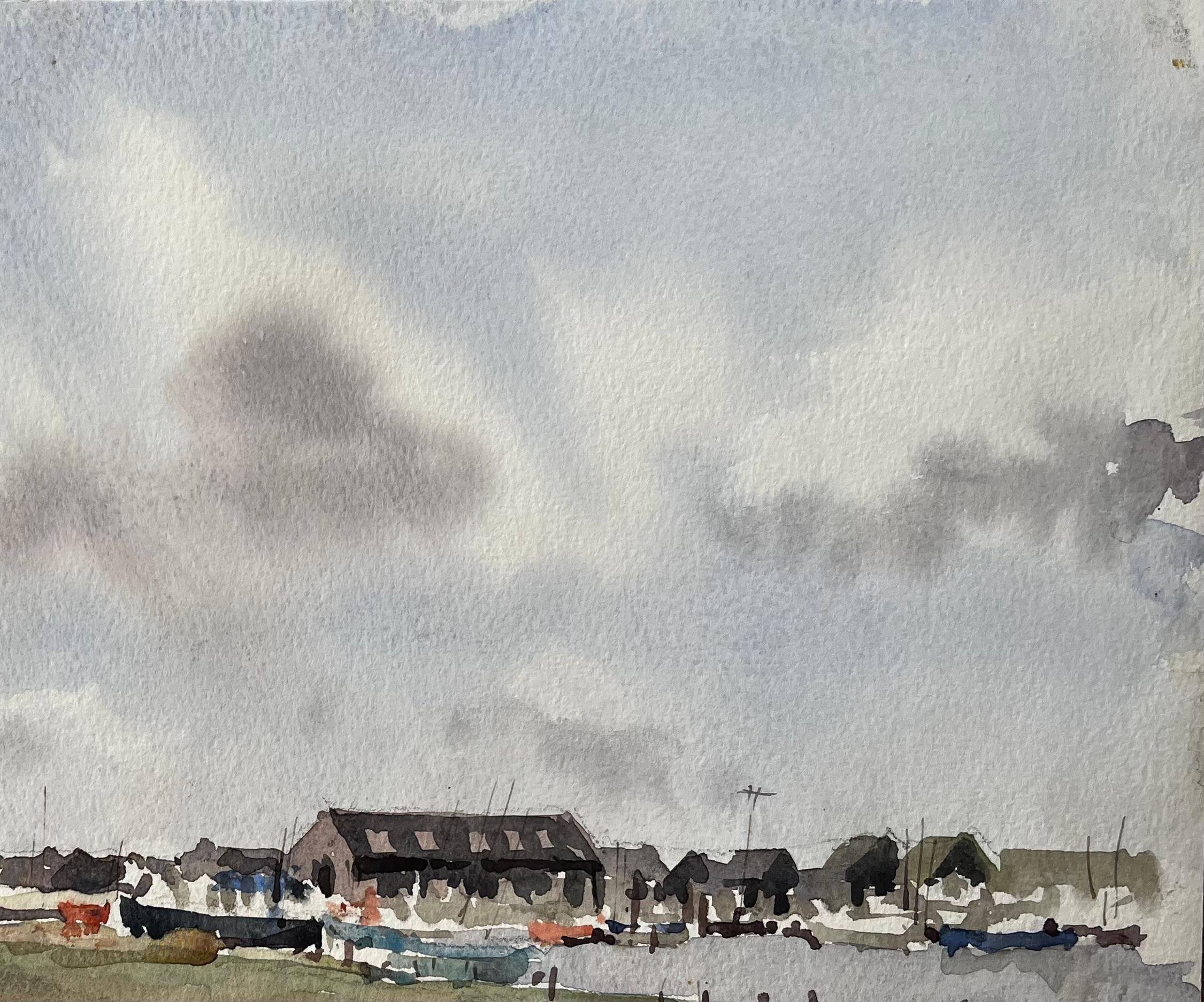 Vue du port côtier avec hangars à bateaux et Marina Paysage aquarelle britannique en vente 1