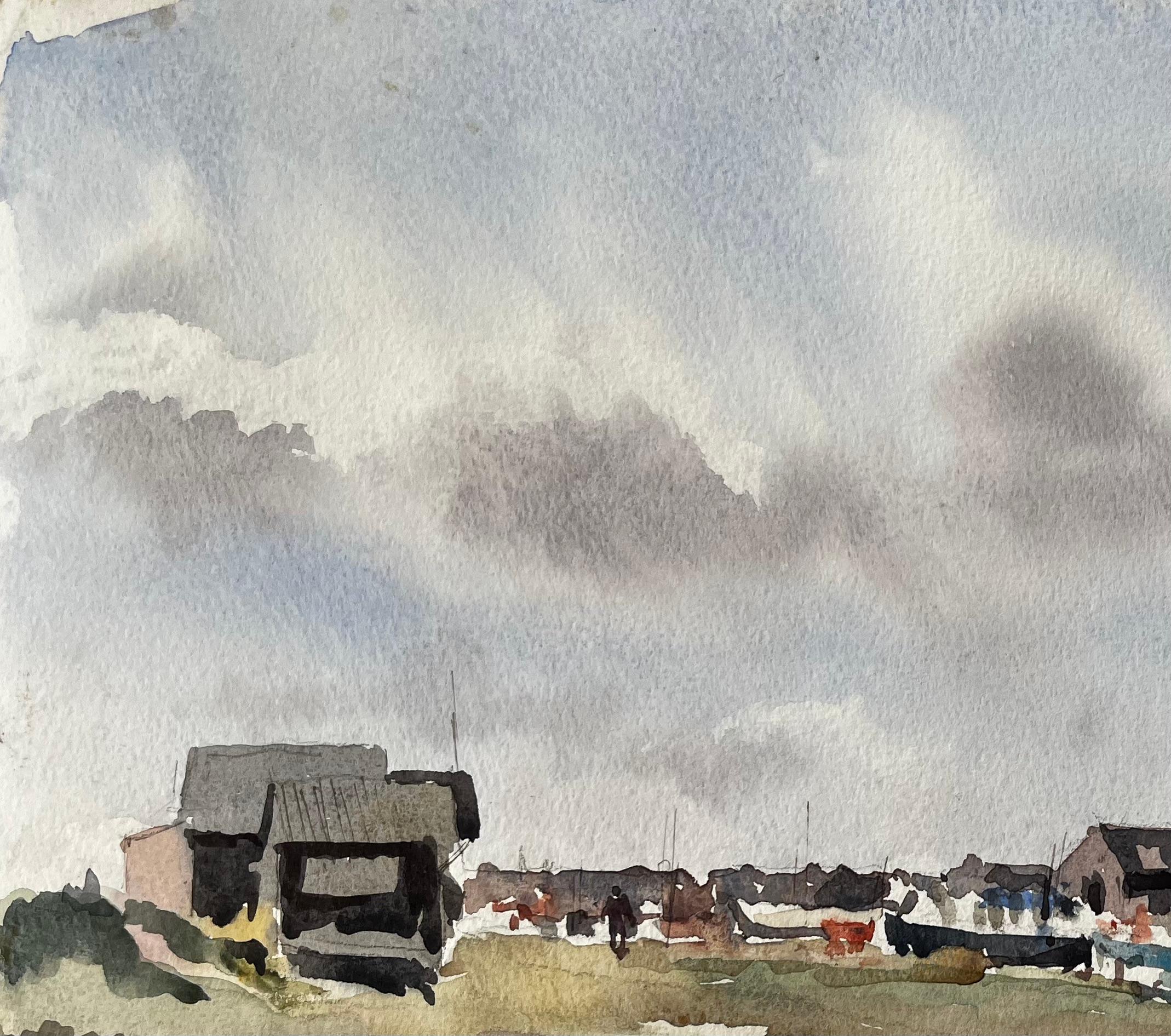 Vue du port côtier avec hangars à bateaux et Marina Paysage aquarelle britannique en vente 2