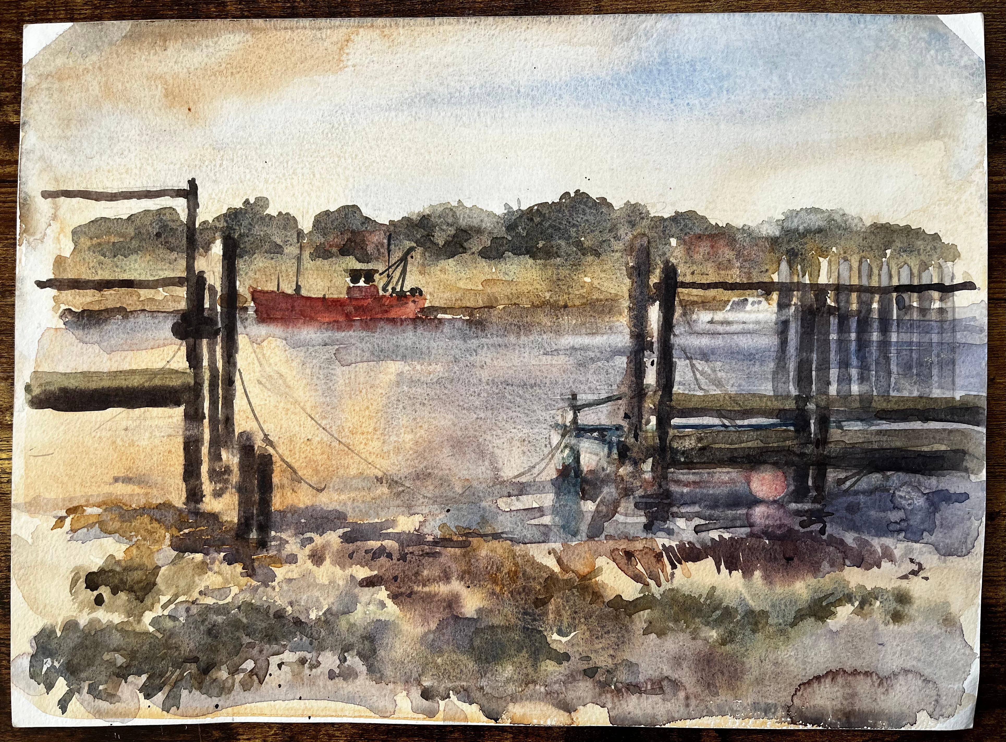Vue du port côtier avec hangars à bateaux et Marina Paysage aquarelle britannique en vente 3
