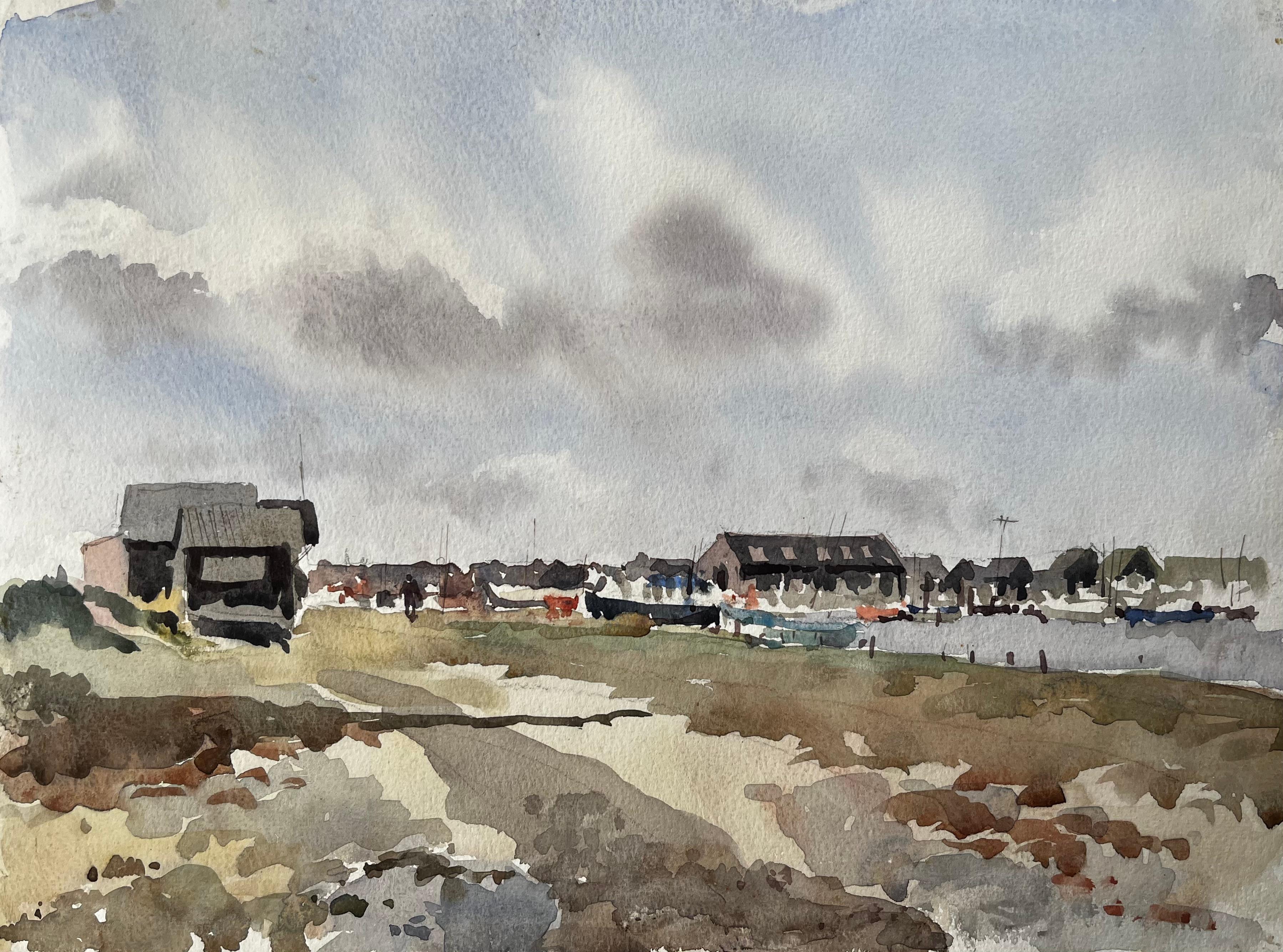 Vue du port côtier avec hangars à bateaux et Marina Paysage aquarelle britannique