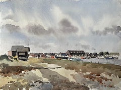 Coastal Harbour View with Boat Sheds and Marina British Watercolour Landscape