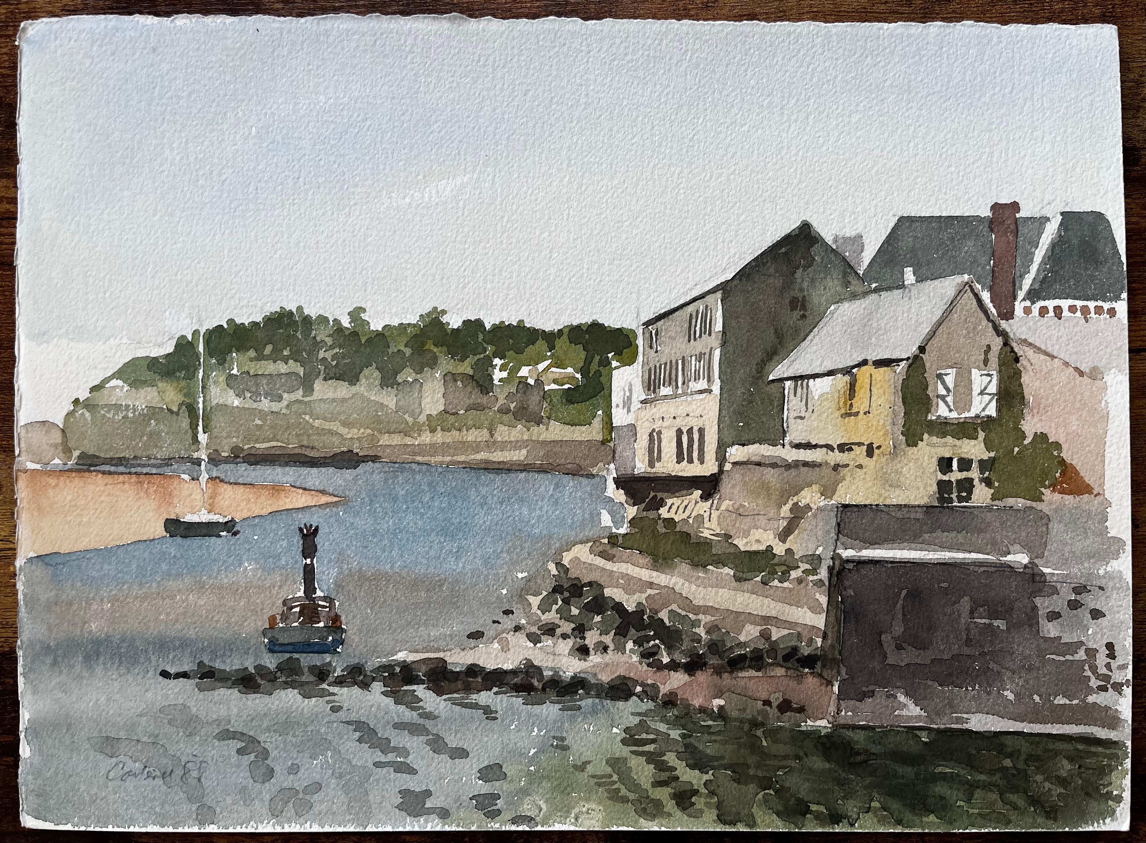 Coastal Harbour View With Sailboats And Stone Buildings Cornwall 1988 - Painting by Anthony Herbert