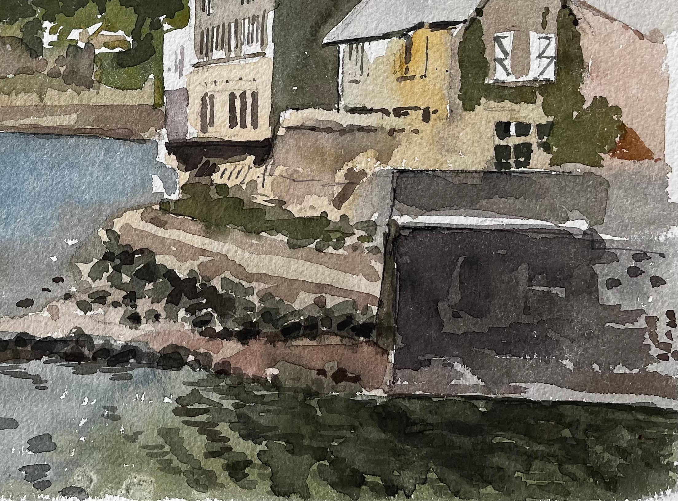 Coastal Harbour View With Sailboats And Stone Buildings Cornwall 1988 - Impressionist Painting by Anthony Herbert