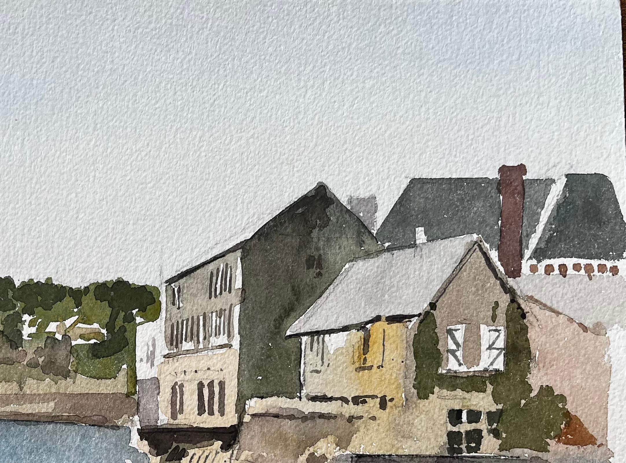 Coastal Harbour View With Sailboats And Stone Buildings Cornwall 1988 - Gray Landscape Painting by Anthony Herbert