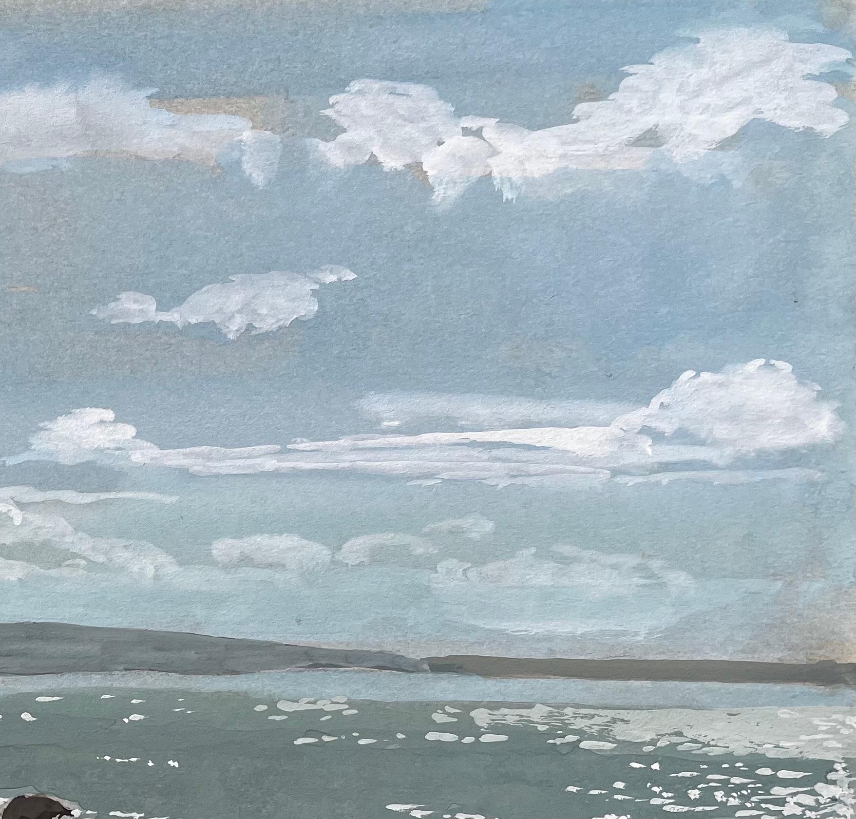 Küstenansicht mit Klippen und Wellen Nolton Haven Pembrokeshire Wales 1979 (Grau), Landscape Art, von Anthony Herbert