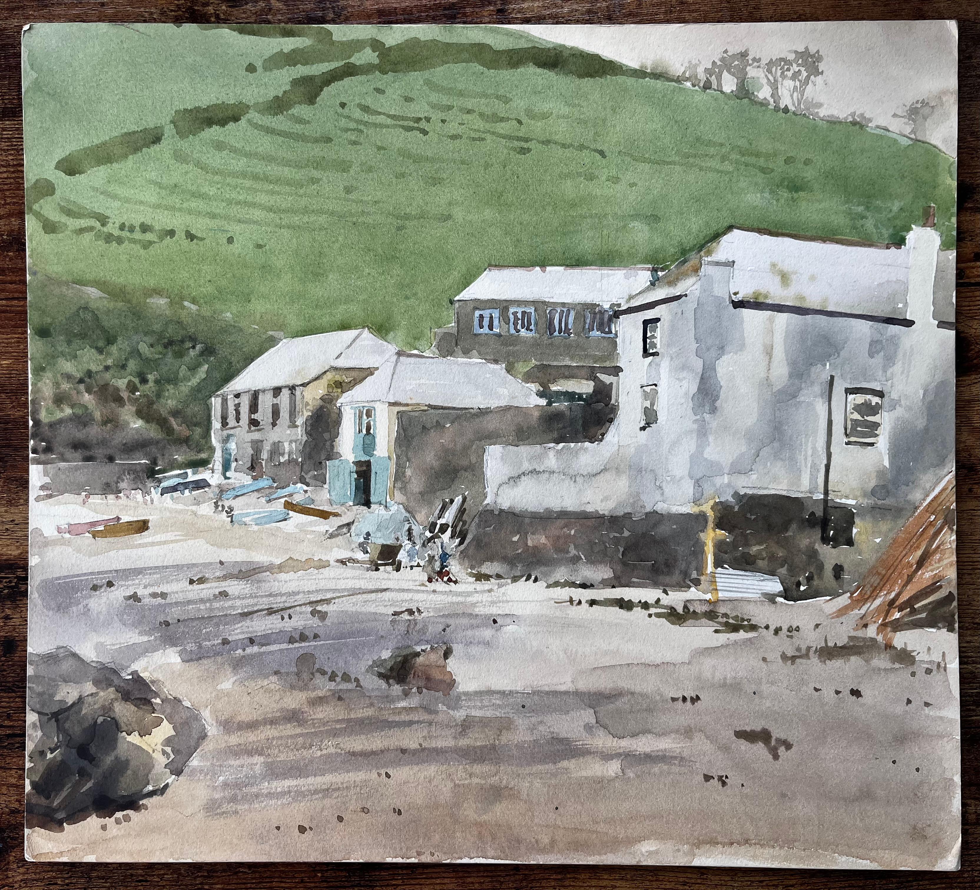 Village côtier avec bateaux et scène portuaire à flanc de colline Aquarelle - Art de Anthony Herbert