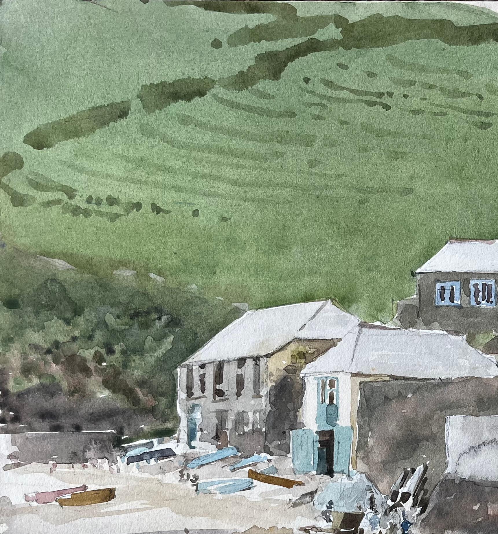 Village côtier avec bateaux et scène portuaire à flanc de colline Aquarelle - Impressionnisme Art par Anthony Herbert