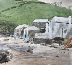 Coastal Village with Boats and Hillside Harbour Scene Watercolour
