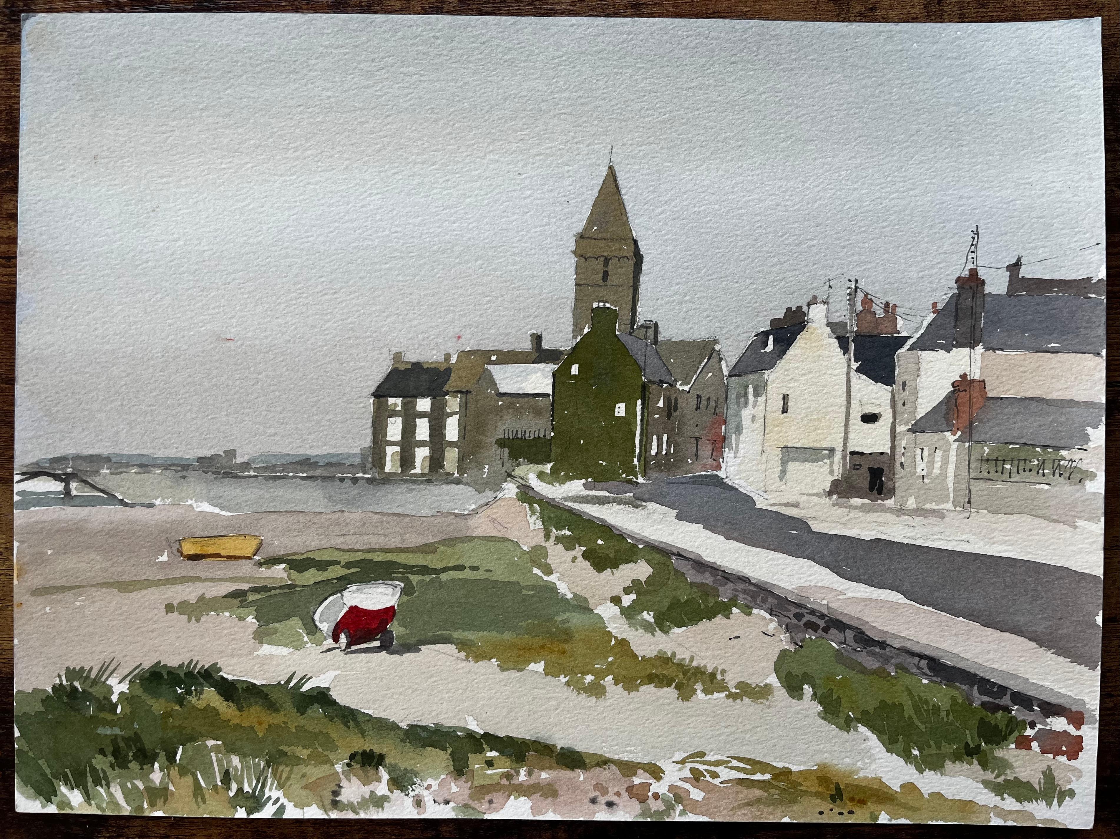 Küstendorf mit Kirchturm und vertäuten Booten Hope Borth 1988 Signiert – Art von Anthony Herbert