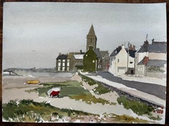 Coastal Village with Church Tower and Moored Boats Hope Borth 1988 Signed