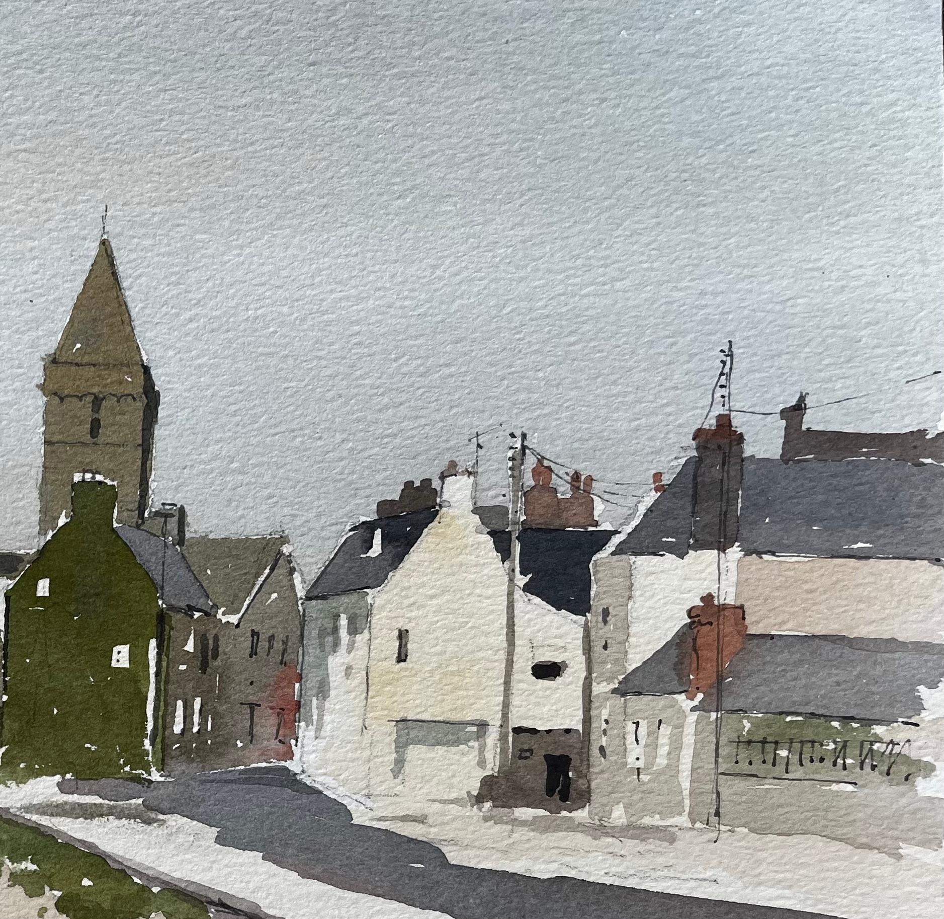 Küstendorf mit Kirchturm und vertäuten Booten Hope Borth 1988 Signiert (Impressionismus), Art, von Anthony Herbert