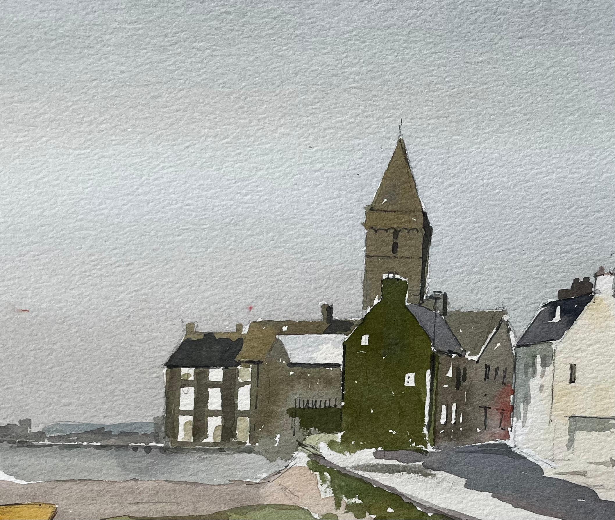 Küstendorf mit Kirchturm und vertäuten Booten Hope Borth 1988 Signiert (Grau), Landscape Art, von Anthony Herbert