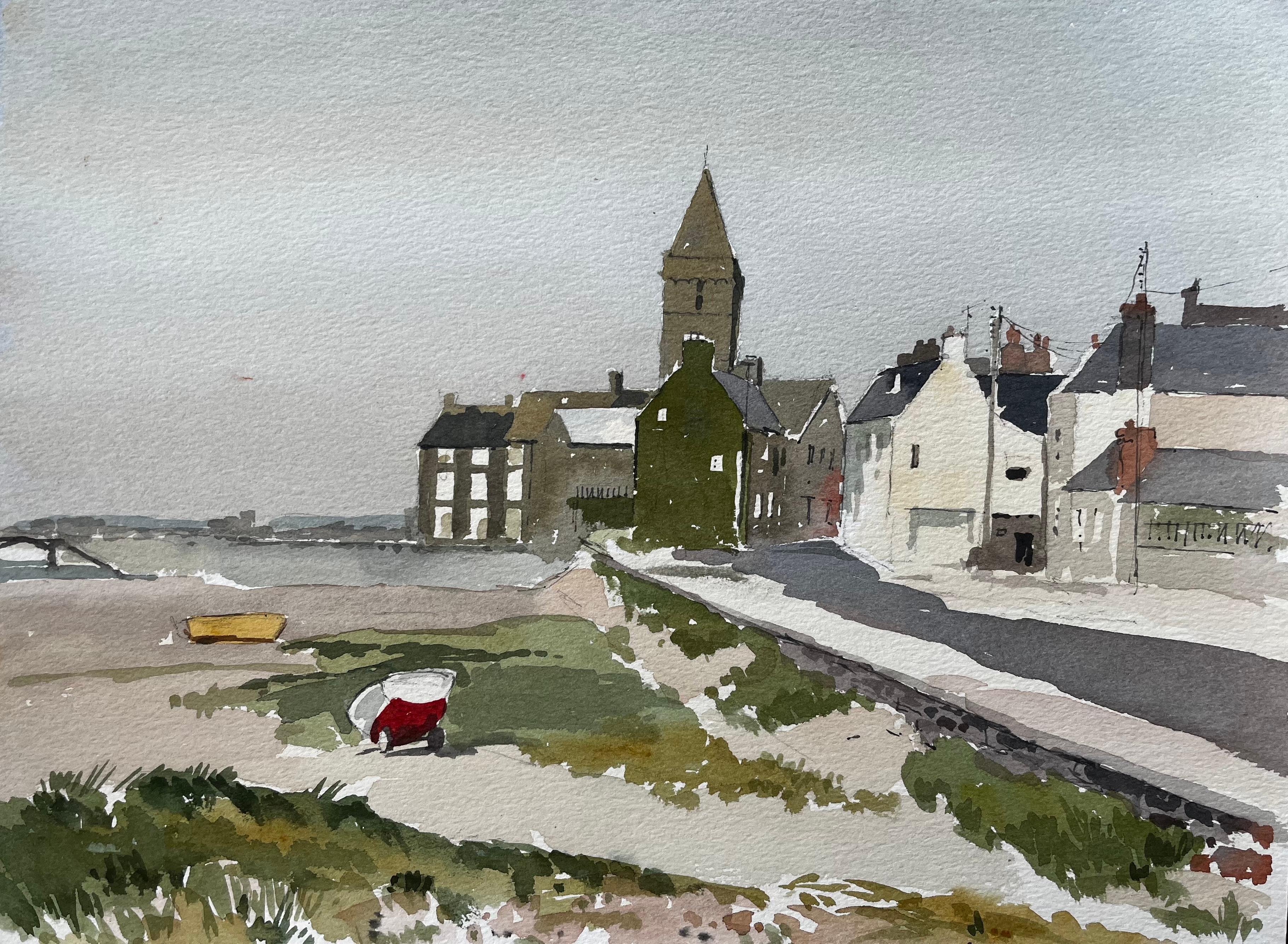 Anthony Herbert Landscape Art – Küstendorf mit Kirchturm und vertäuten Booten Hope Borth 1988 Signiert