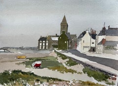 Coastal Village with Church Tower and Moored Boats Hope Borth 1988 Signed