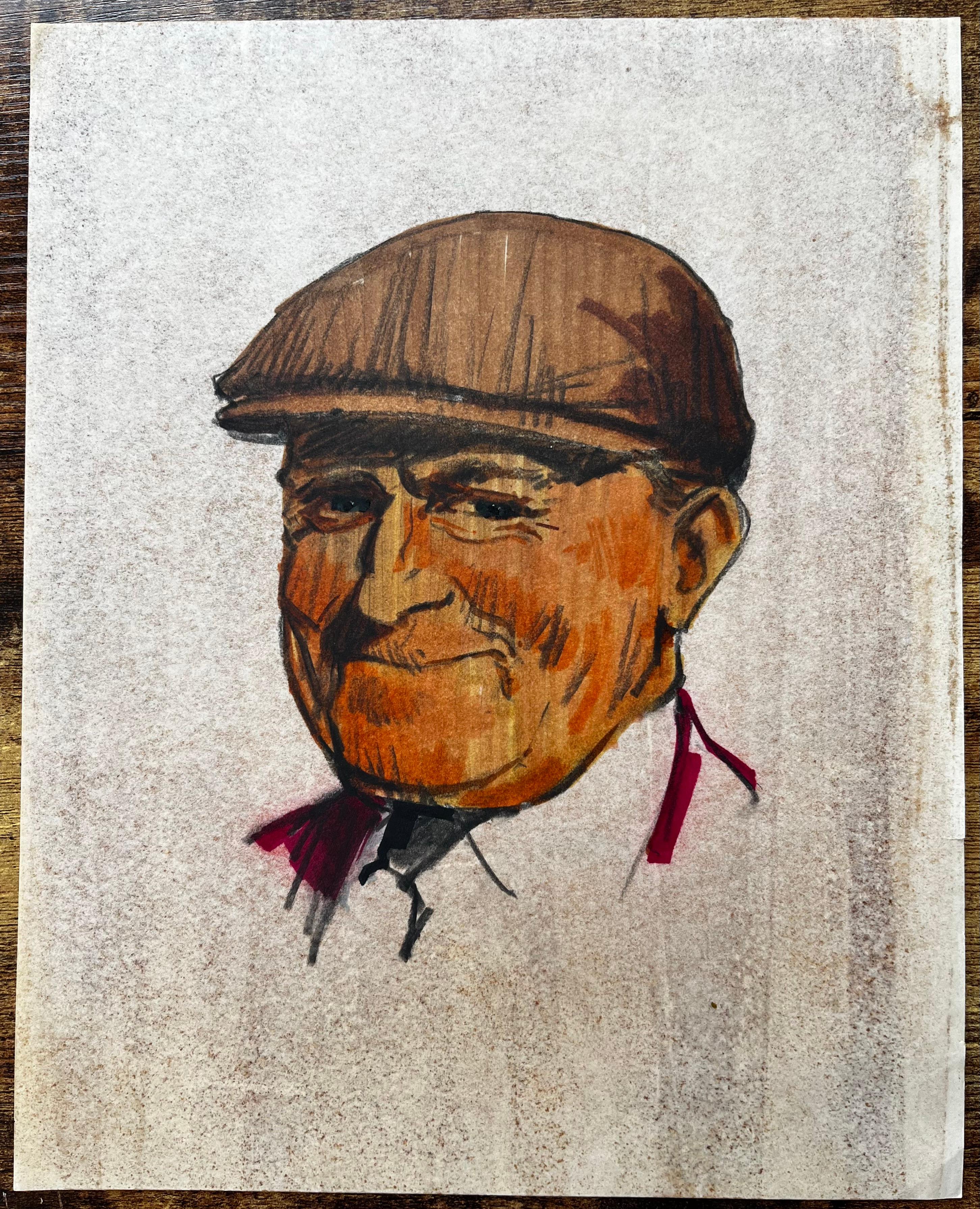 Retrato Coloreado De Hombre Sonriente Con Gorra Plana Sobre Papel Entonado - Painting de Anthony Herbert