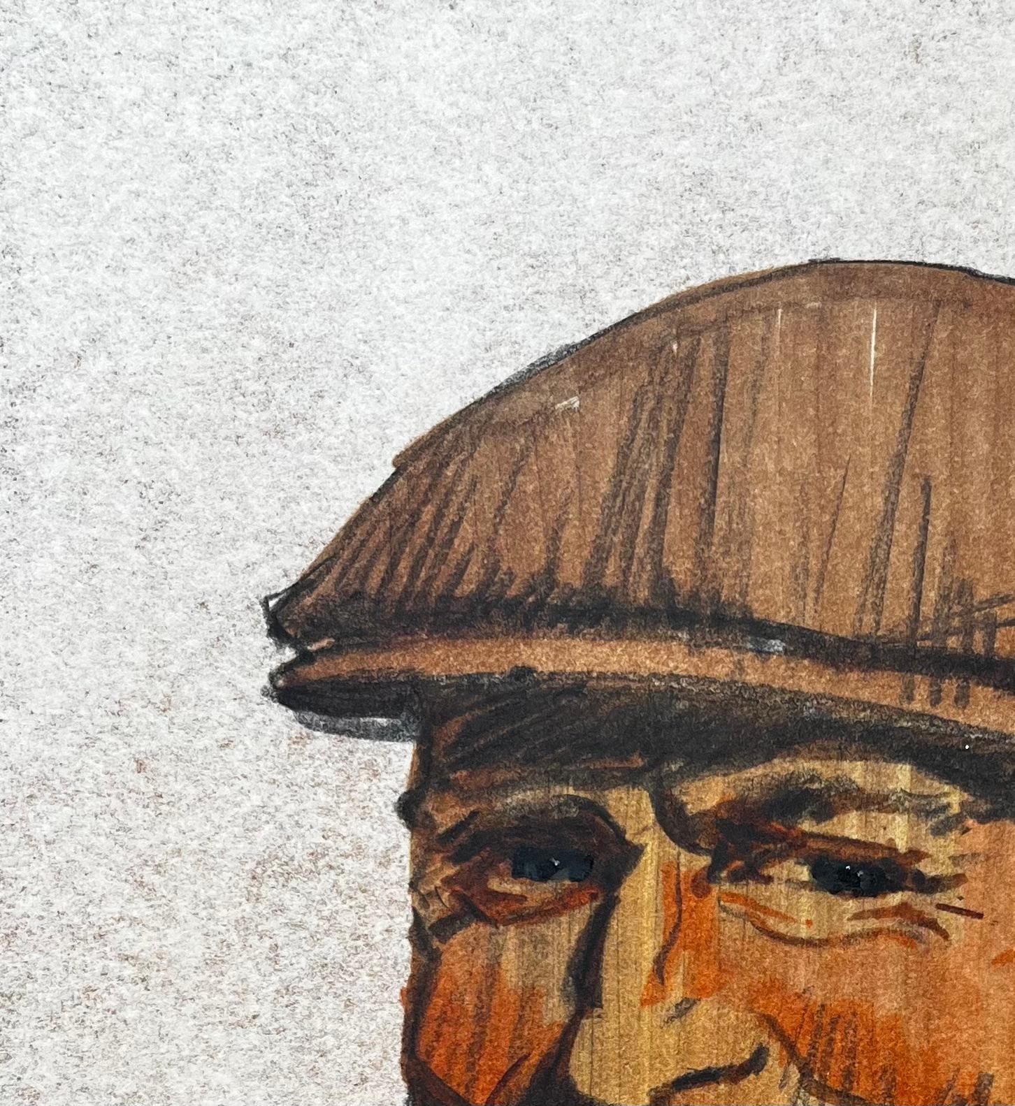 Retrato Coloreado De Hombre Sonriente Con Gorra Plana Sobre Papel Entonado - Painting Impresionista de Anthony Herbert