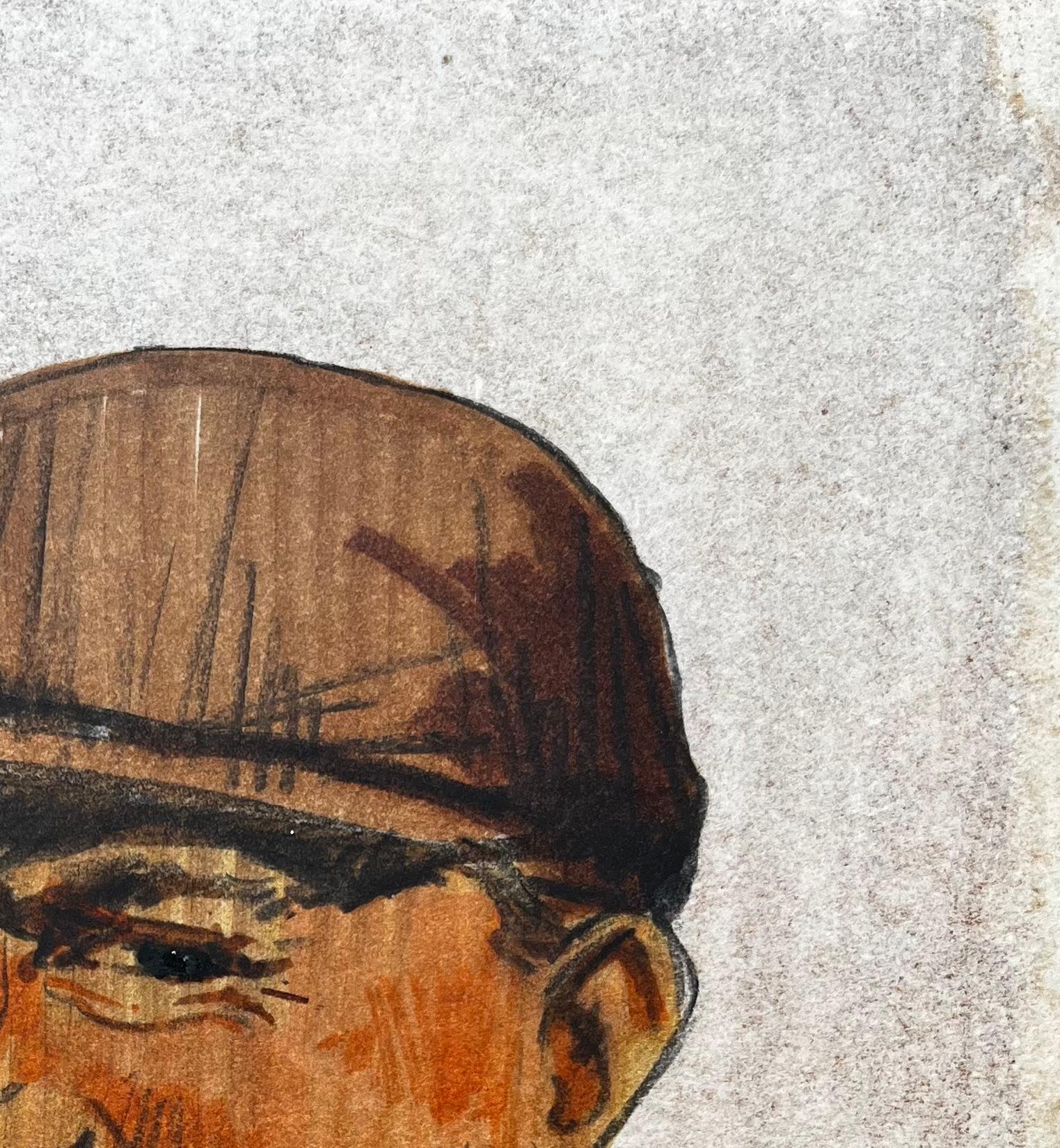 Retrato Coloreado De Hombre Sonriente Con Gorra Plana Sobre Papel Entonado - Figurative Painting Beige de Anthony Herbert