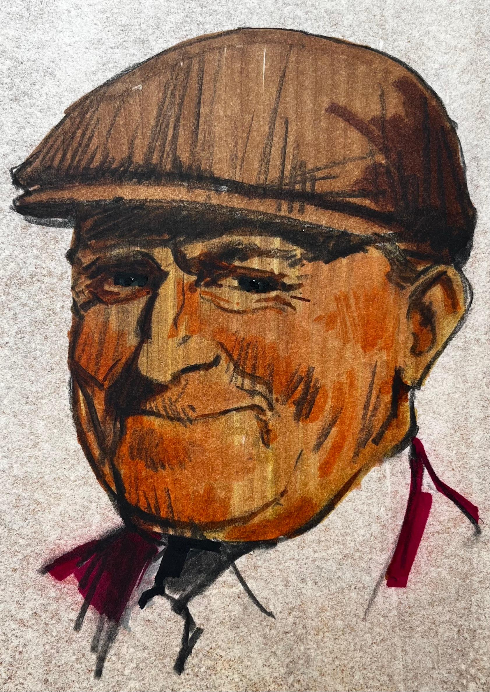 Retrato Coloreado De Hombre Sonriente Con Gorra Plana Sobre Papel Entonado en venta 2