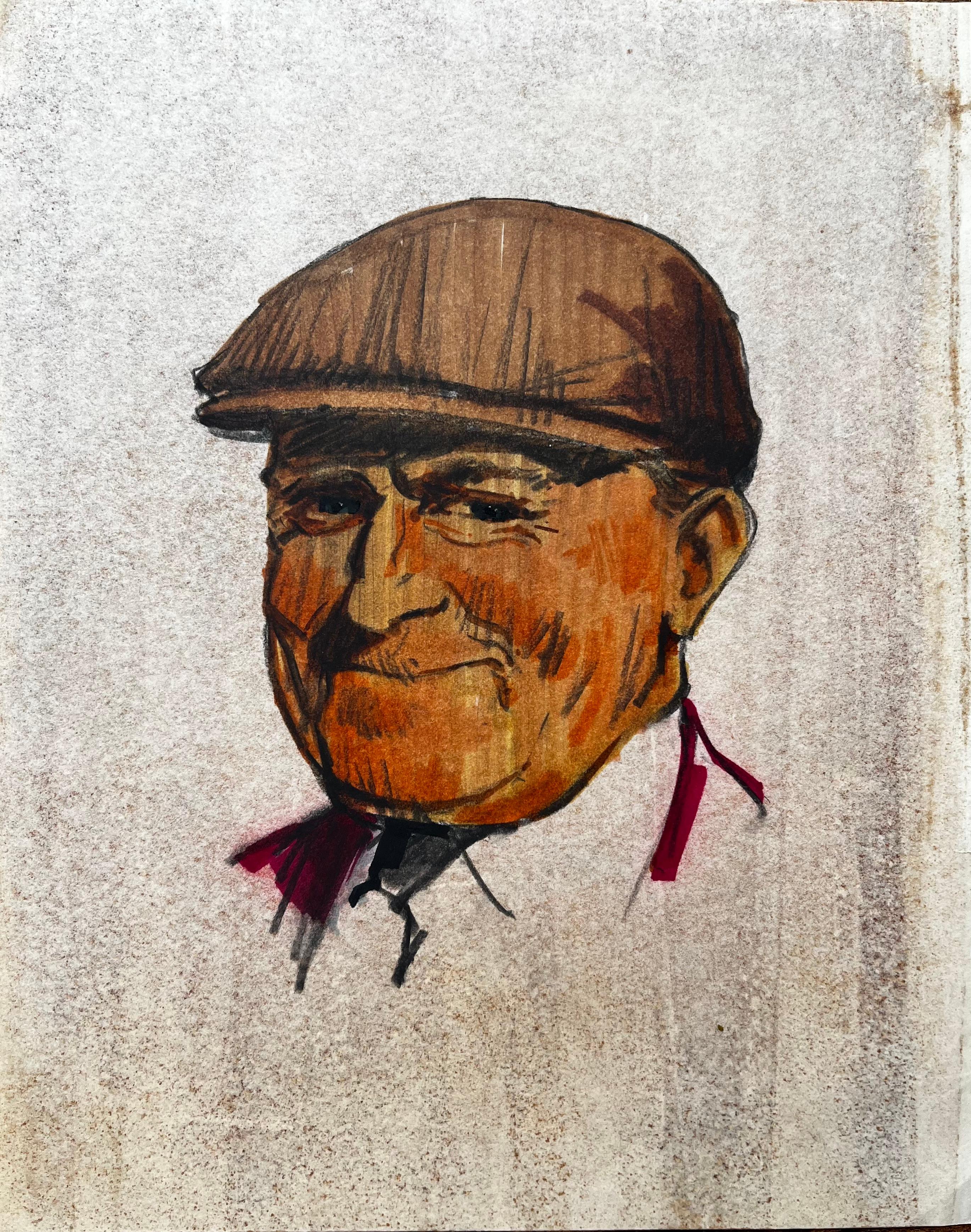 Figurative Painting de Anthony Herbert - Retrato Coloreado De Hombre Sonriente Con Gorra Plana Sobre Papel Entonado