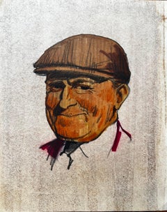 Retrato Coloreado De Hombre Sonriente Con Gorra Plana Sobre Papel Entonado