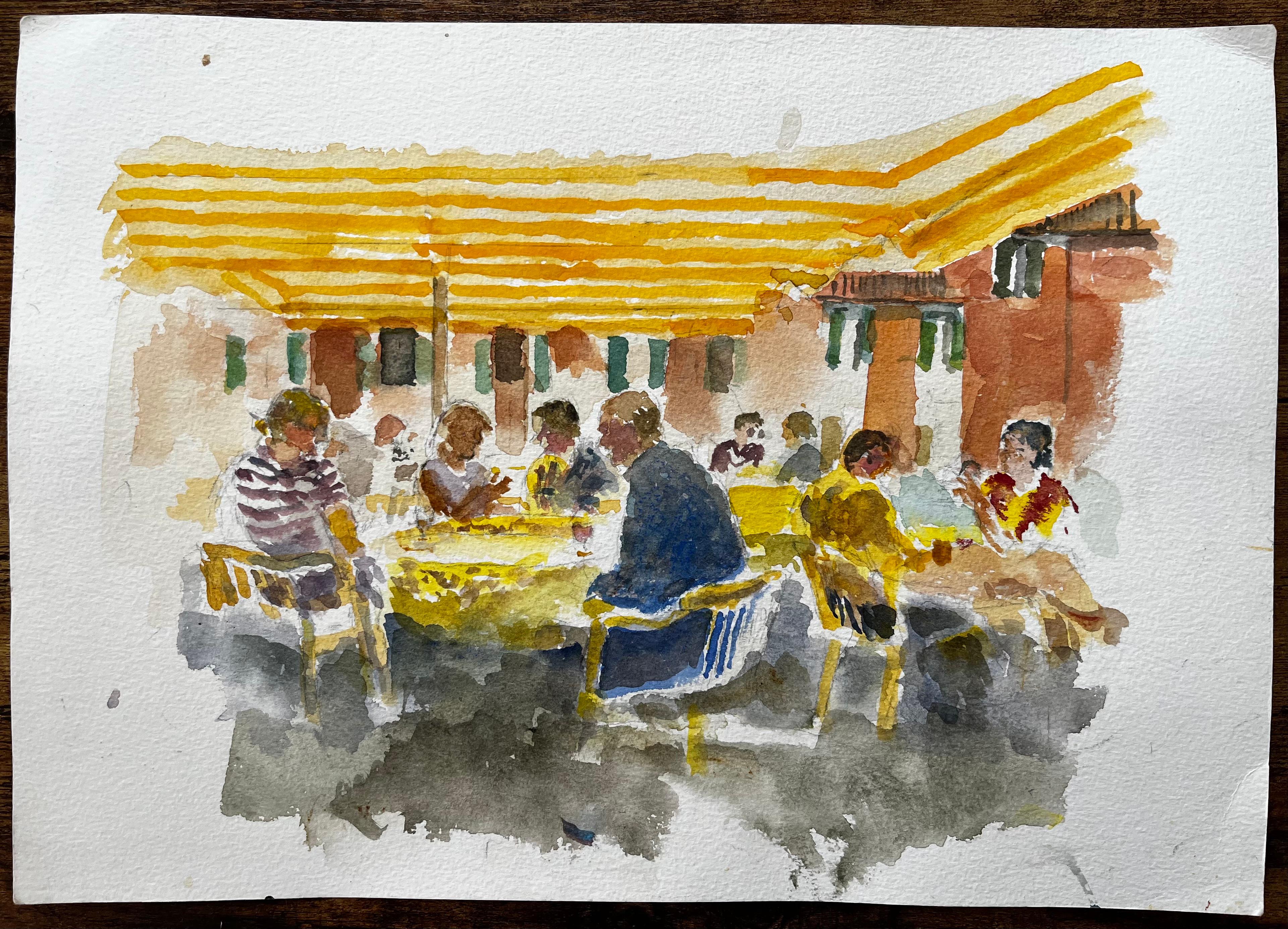Continental Café Scene With Yellow Striped Awnings And Figures In Conversation - Art by Anthony Herbert