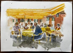 Continental Café Scene With Yellow Striped Awnings And Figures In Conversation