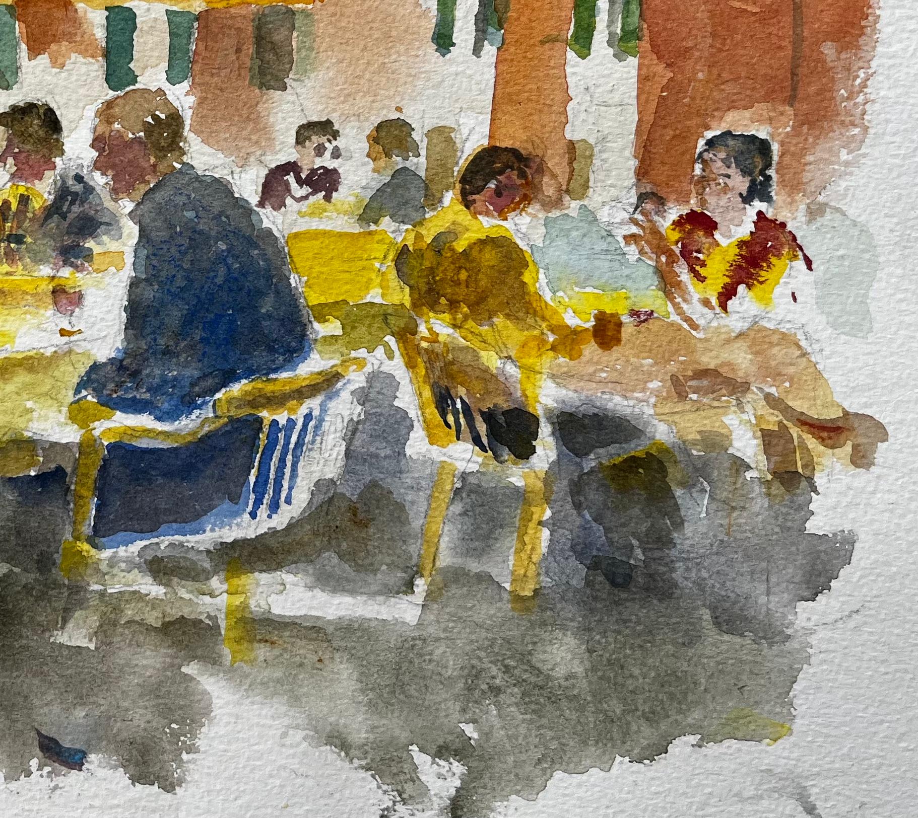 Continental Café Scene With Yellow Striped Awnings And Figures In Conversation - Impressionist Art by Anthony Herbert
