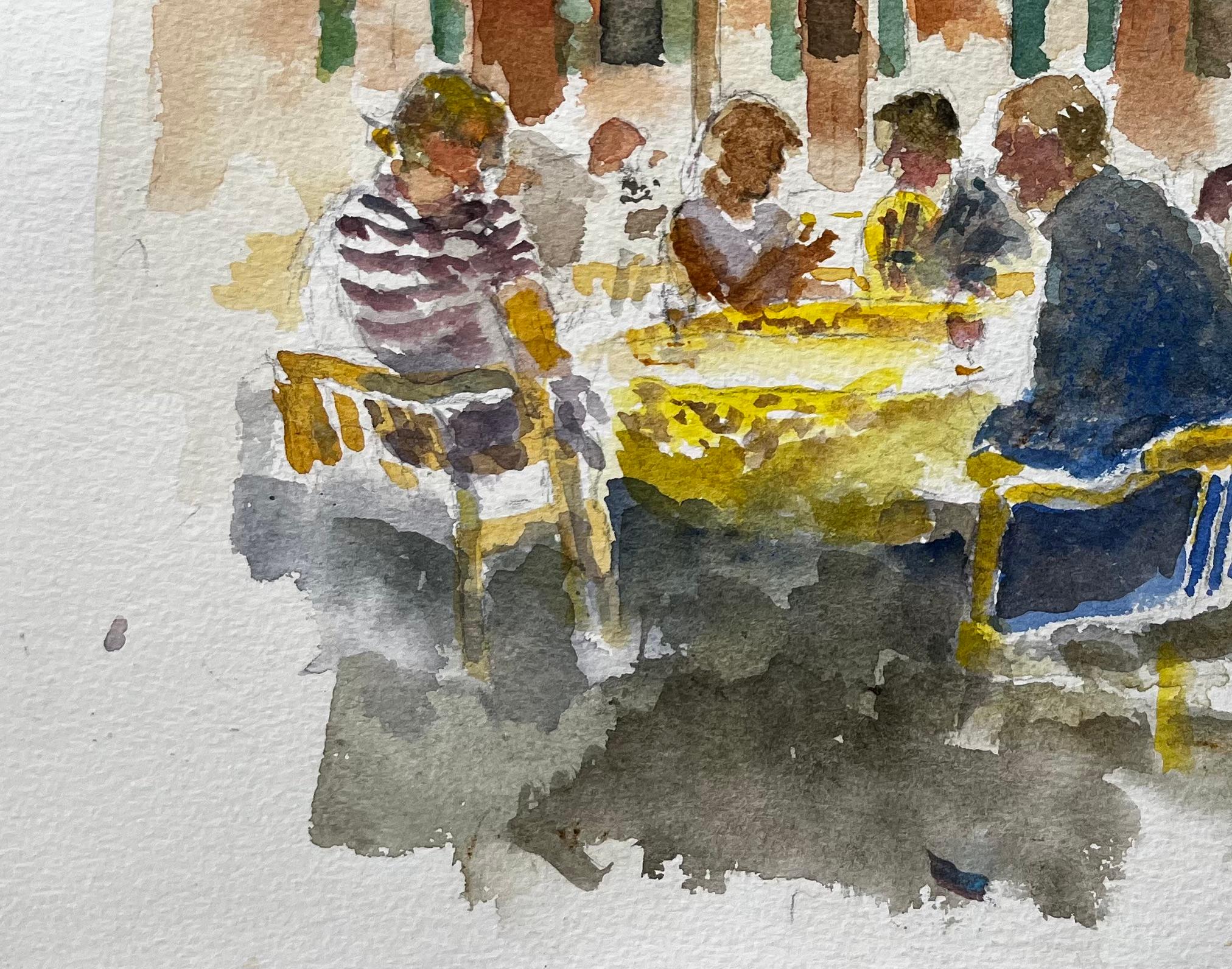 Continental Café Scene With Yellow Striped Awnings And Figures In Conversation - Beige Landscape Art by Anthony Herbert