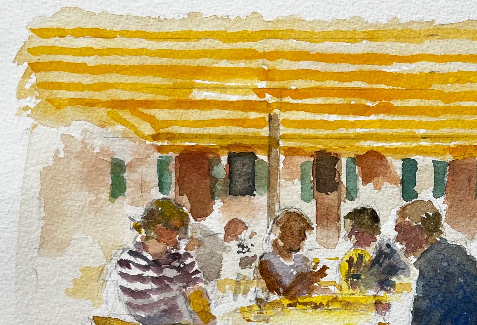 Title: Continental Café Scene With Yellow Striped Awnings And Figures In Conversation
By Tony Herbert (1927-2024)
Medium: Watercolor on paper, unframed
Size: 11.75 inches (height) x 16.5 inches (width)
Condition: good, will some signs on wear